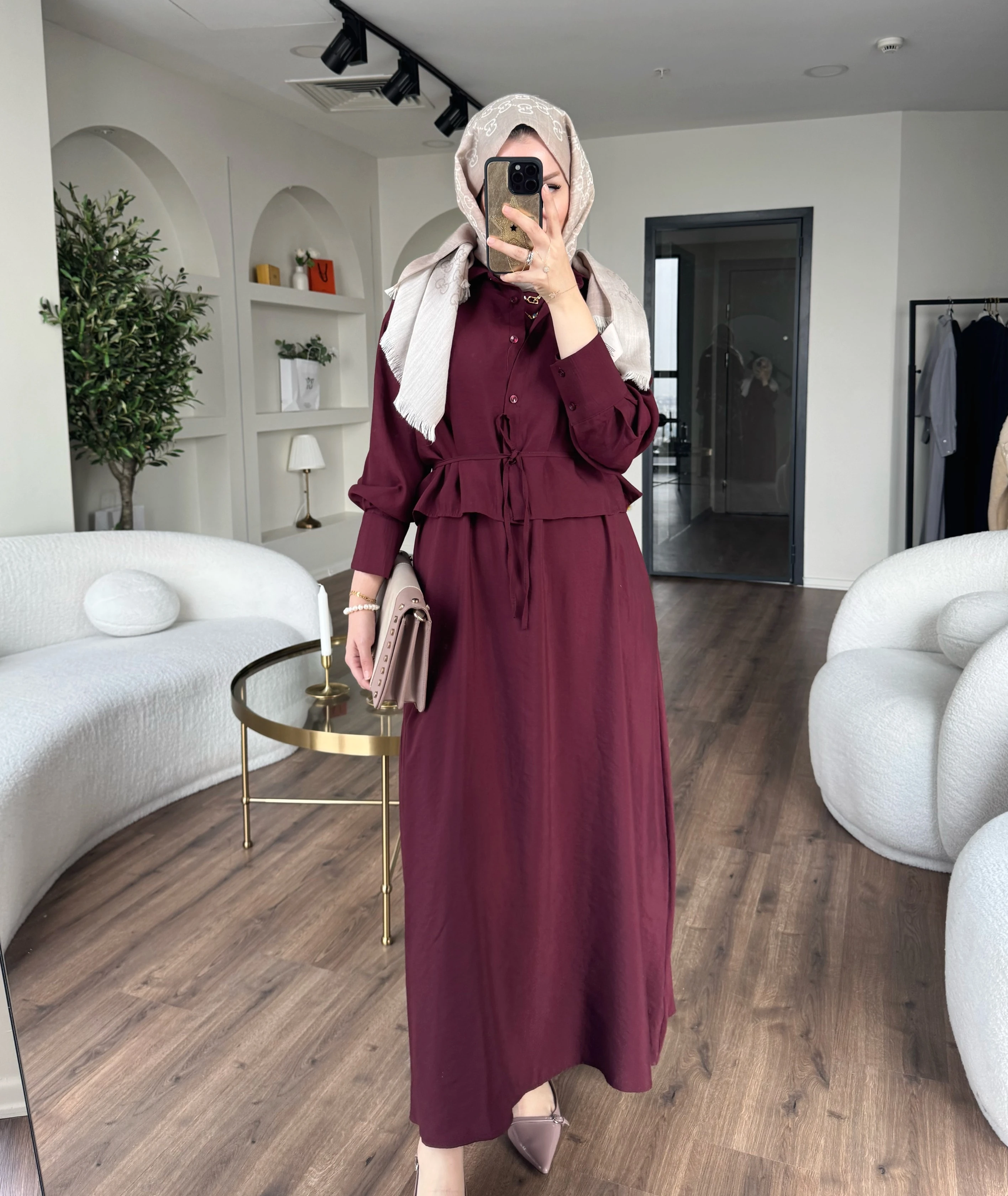 Laren gömlekli elbise - bordo