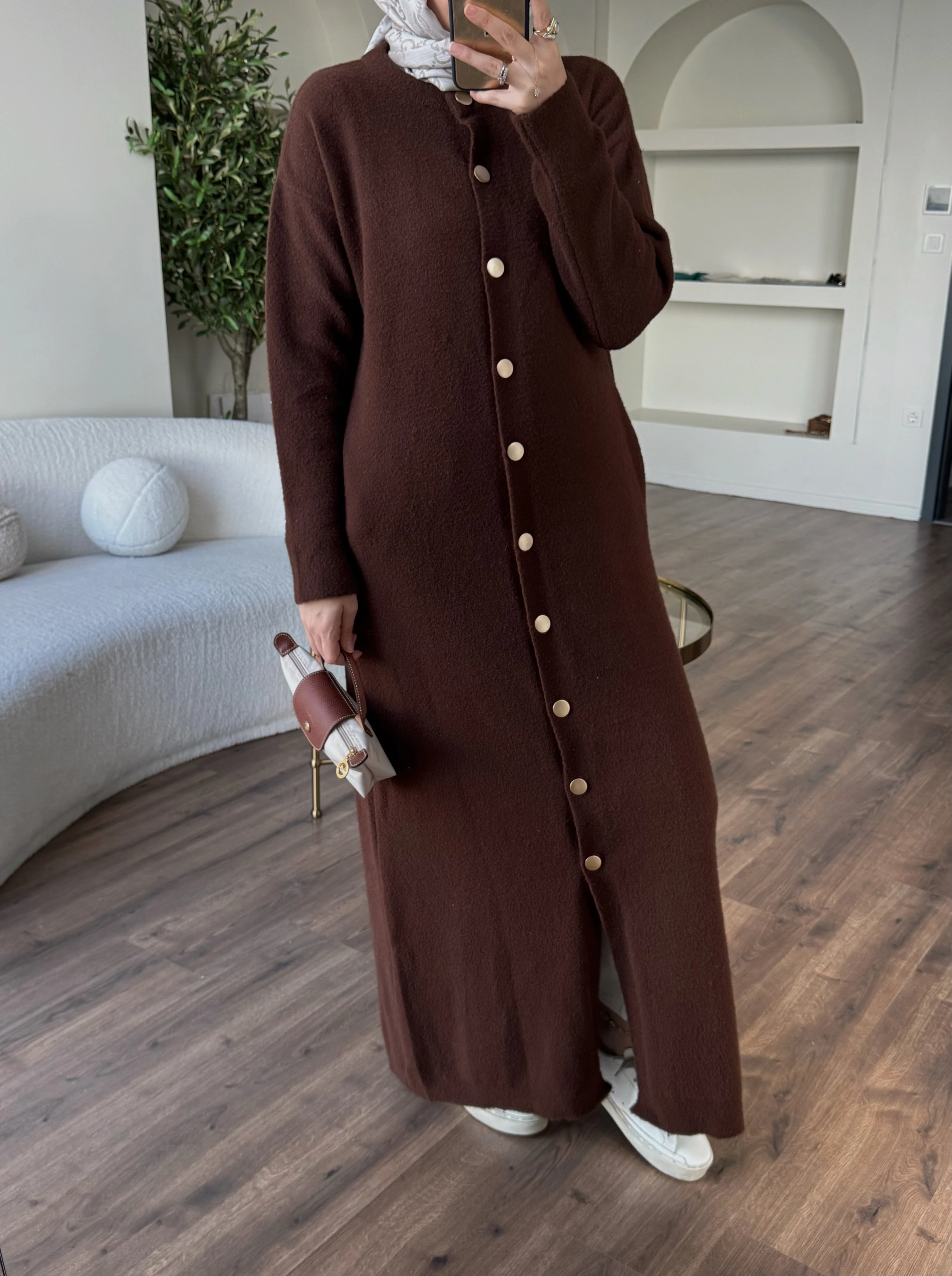 Tam boy angora hırka - kahverengi