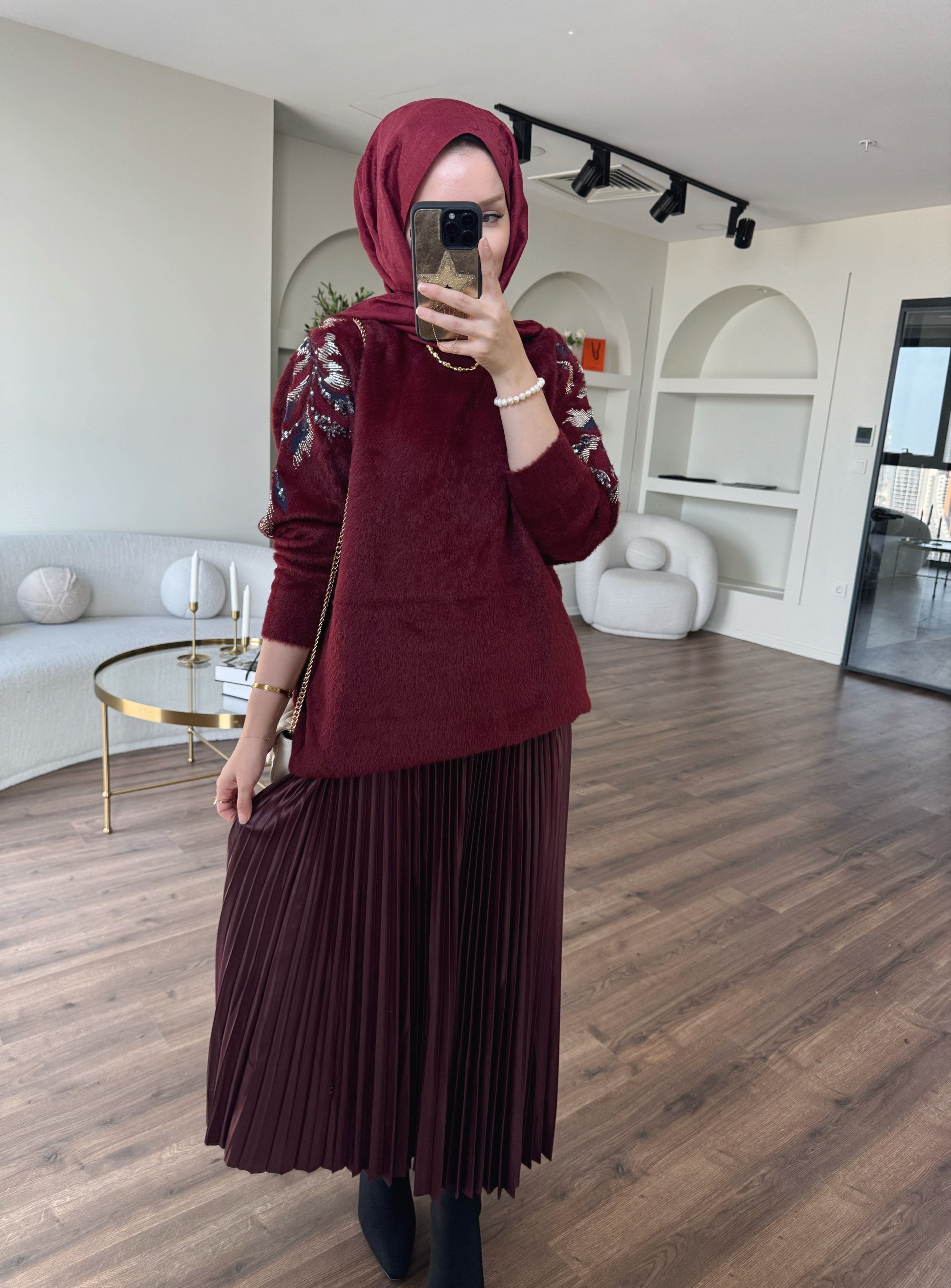 İşlemeli angora kazak - bordo 