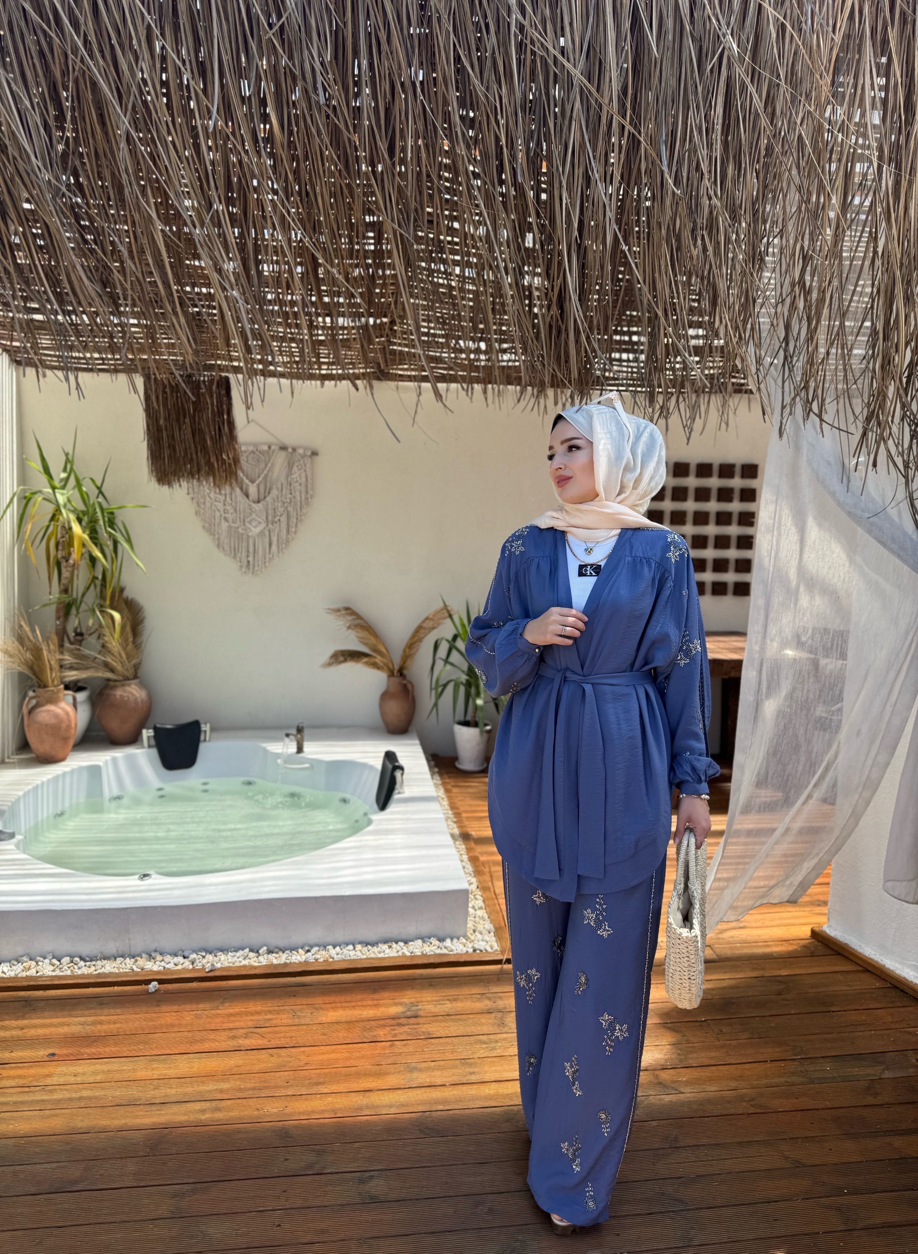İşlemeli Kimono Takım - İndigo