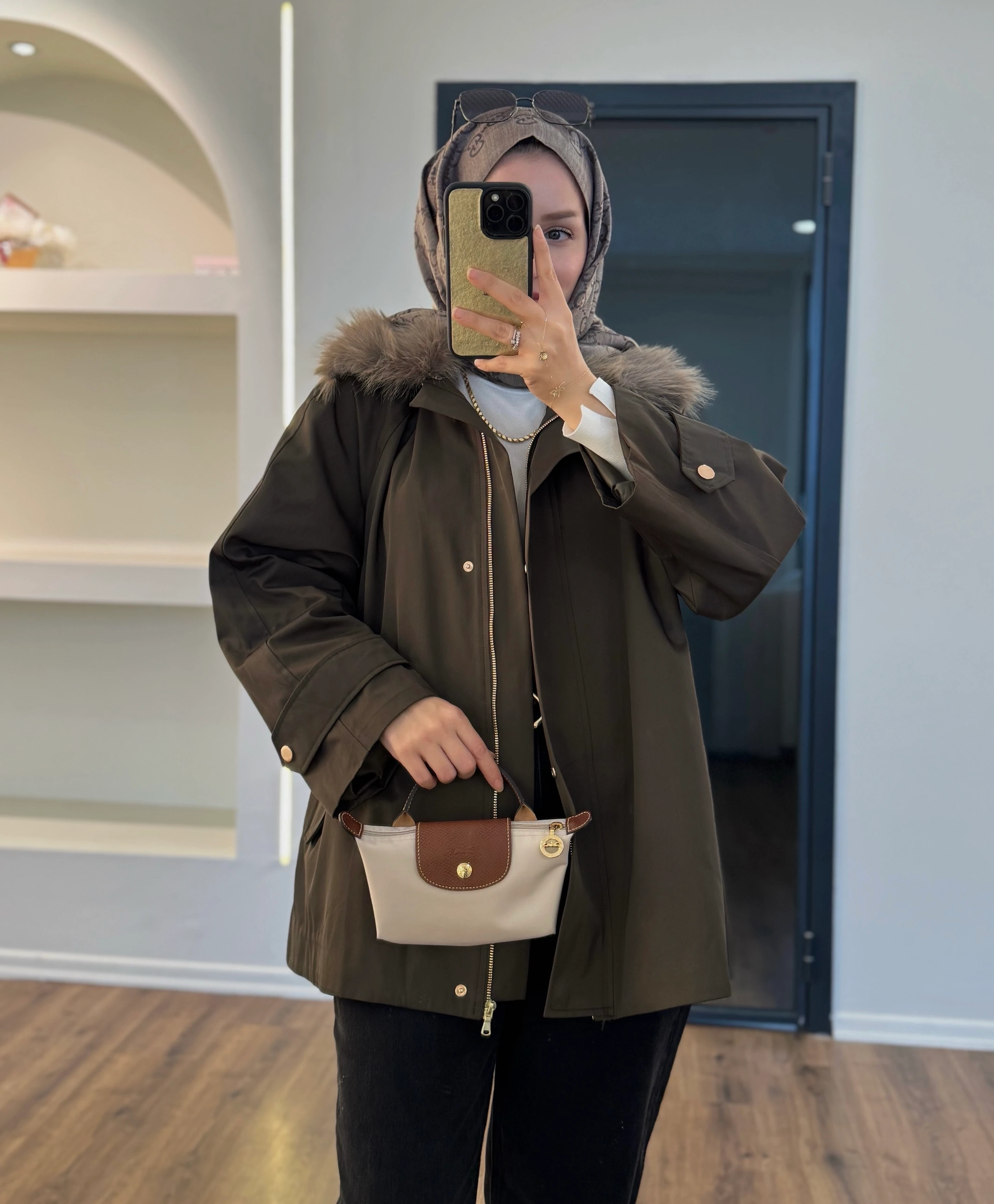 Kürklü parka -haki