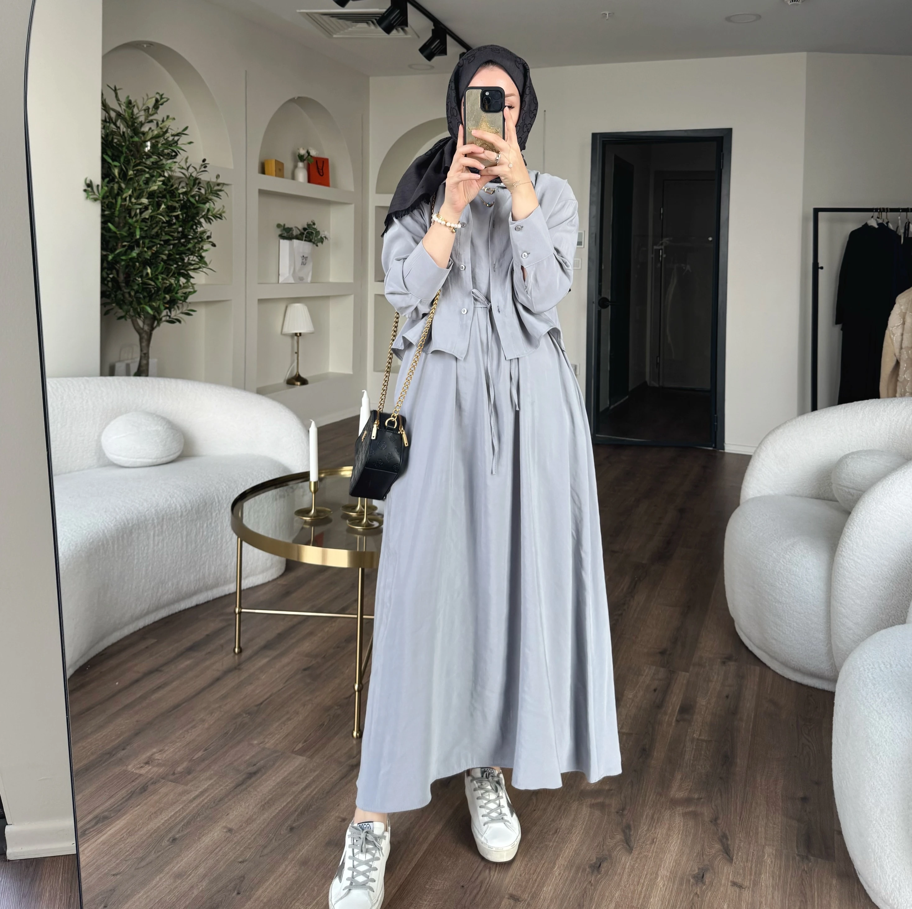 Laren gömlekli elbise - gri