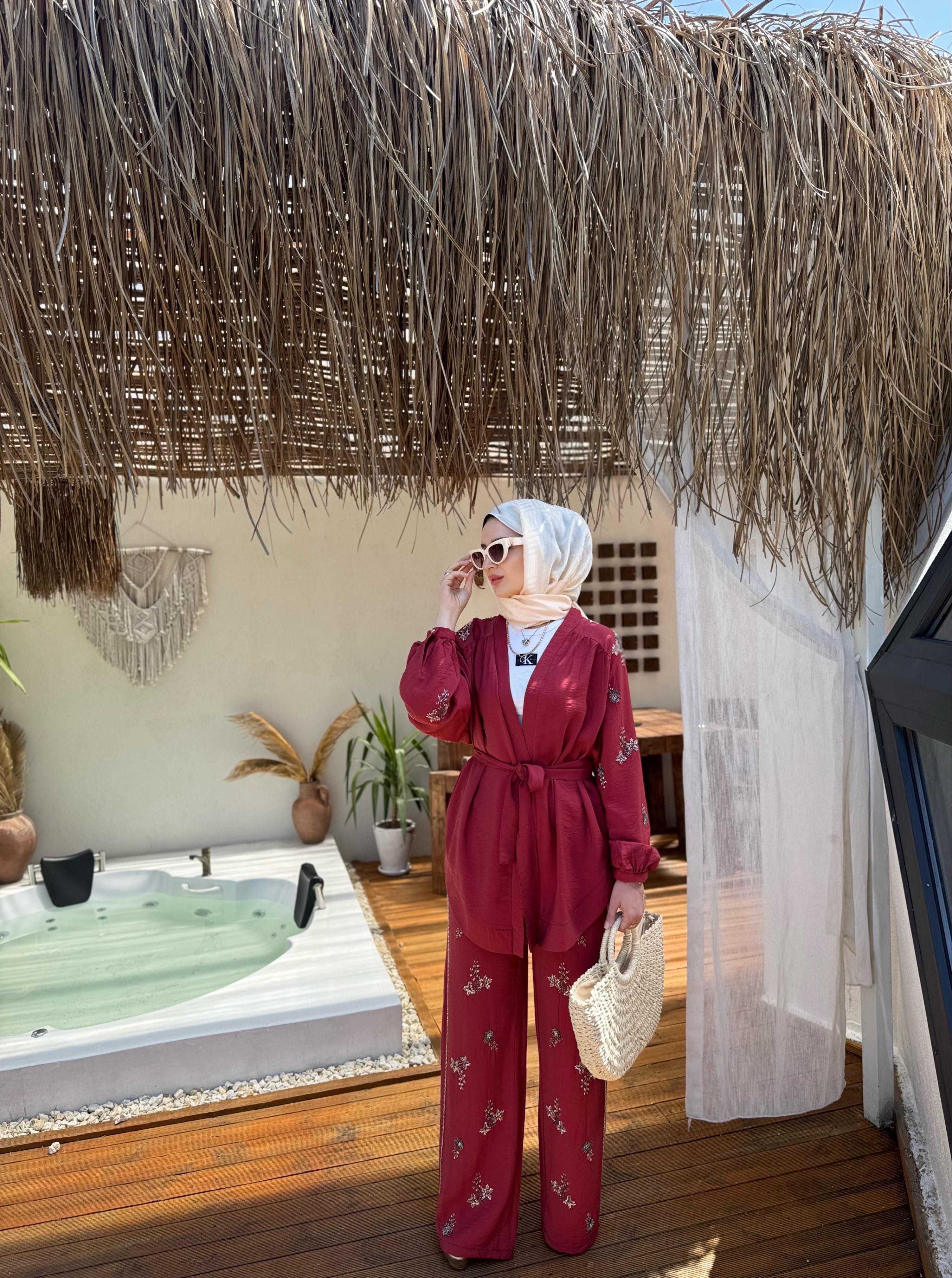 İşlemeli Kimono Takım - Bordo