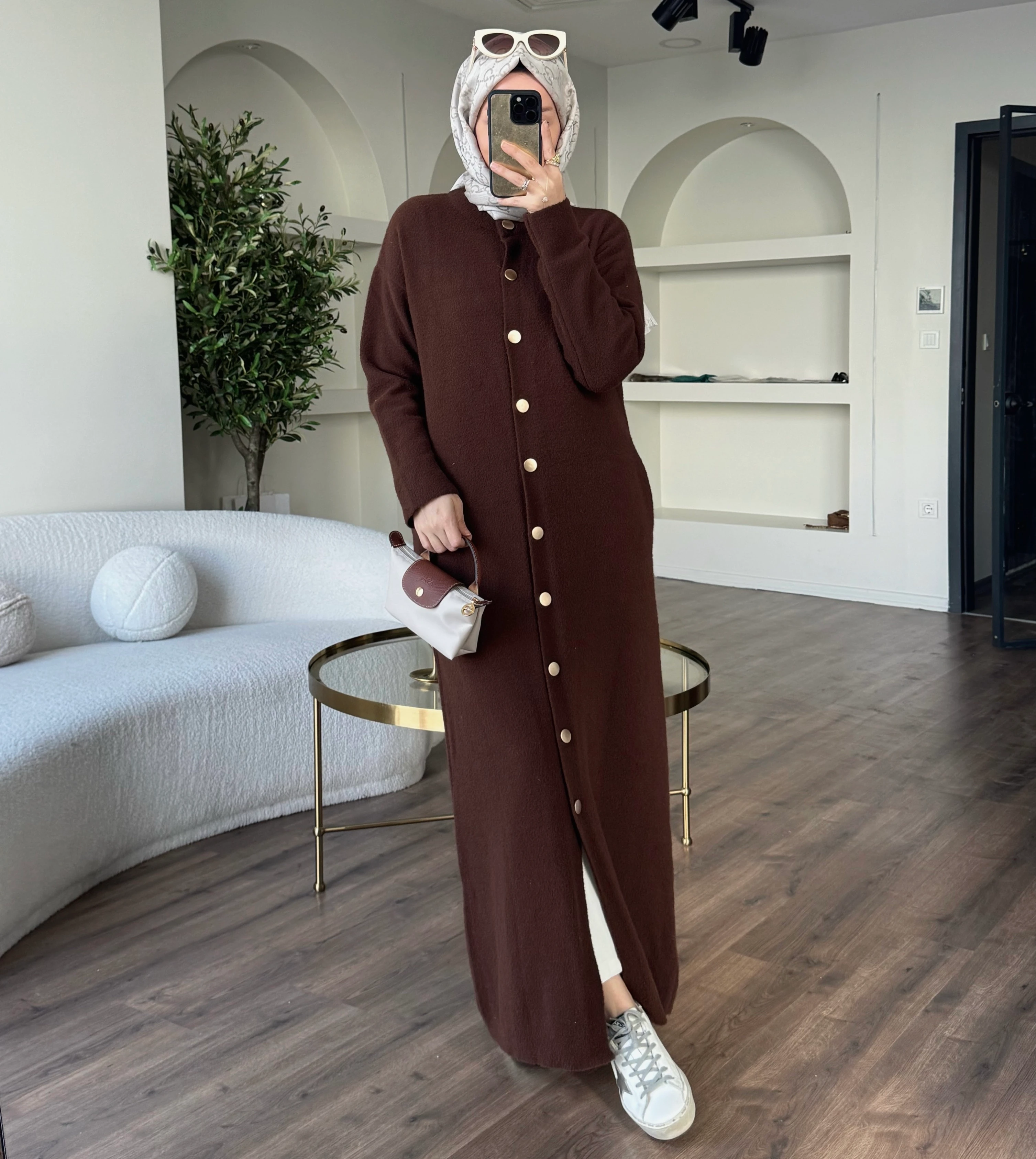 Tam boy angora hırka - kahverengi