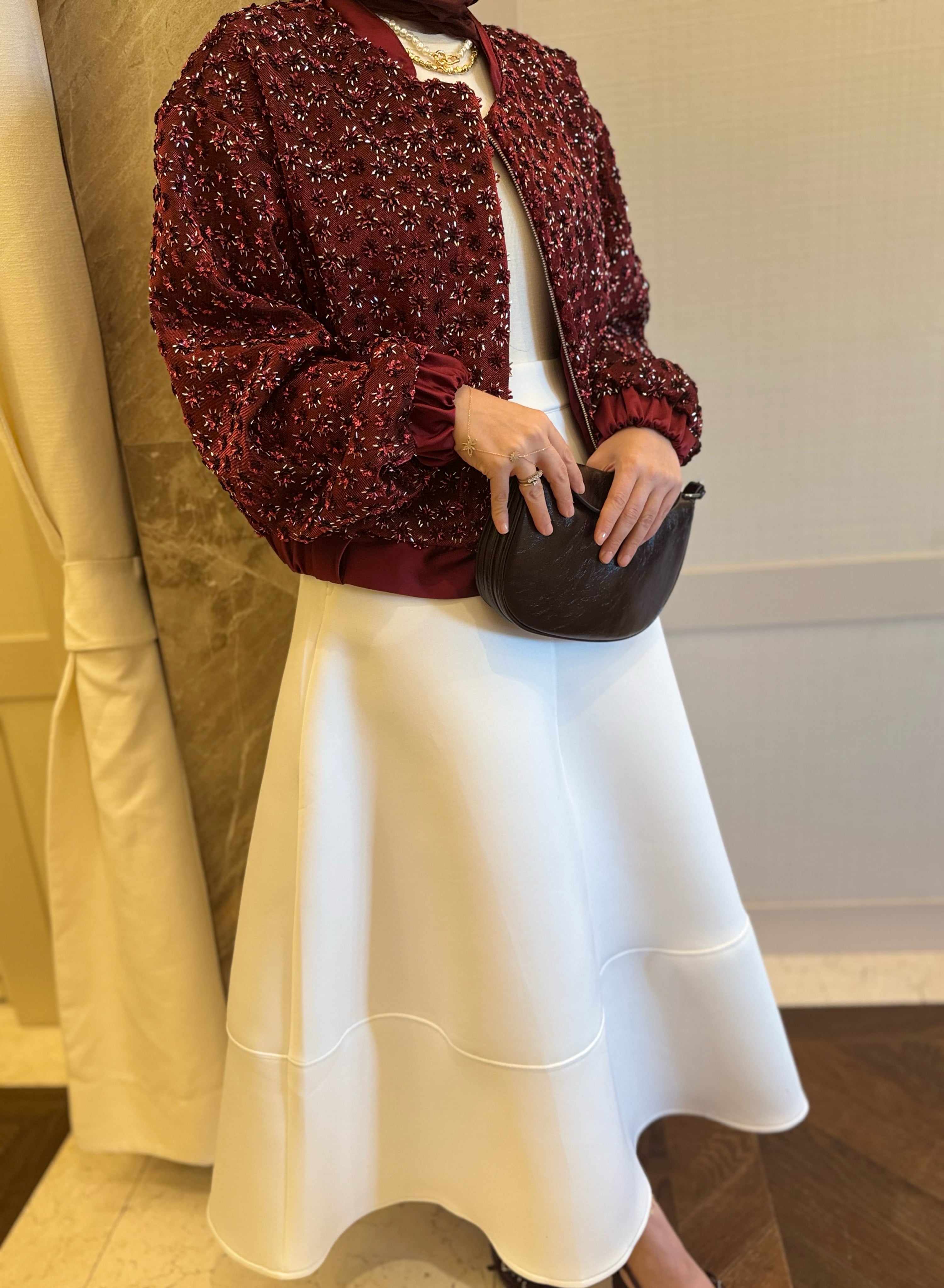 Glam payetli saten ceket -bordo