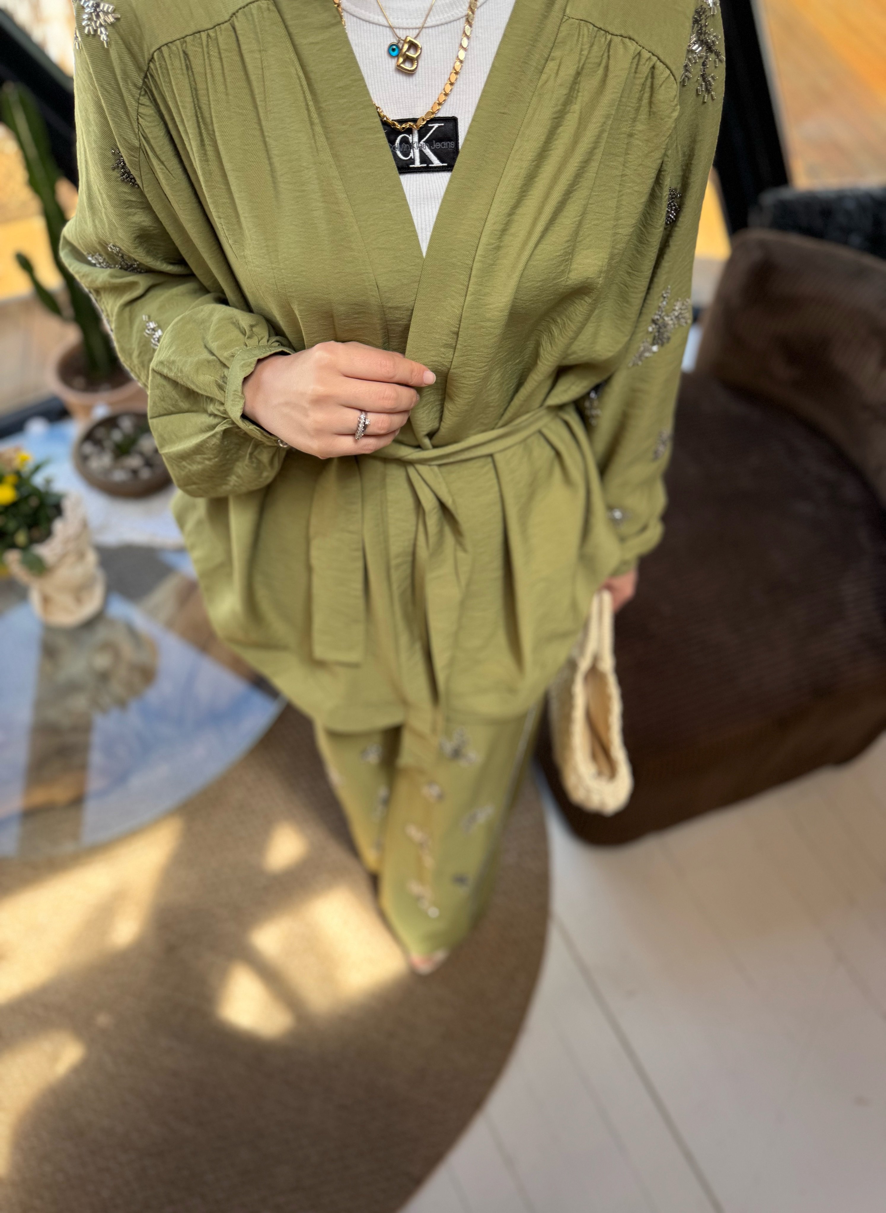 İşlemeli Kimono Takım - Yağ yeşili 