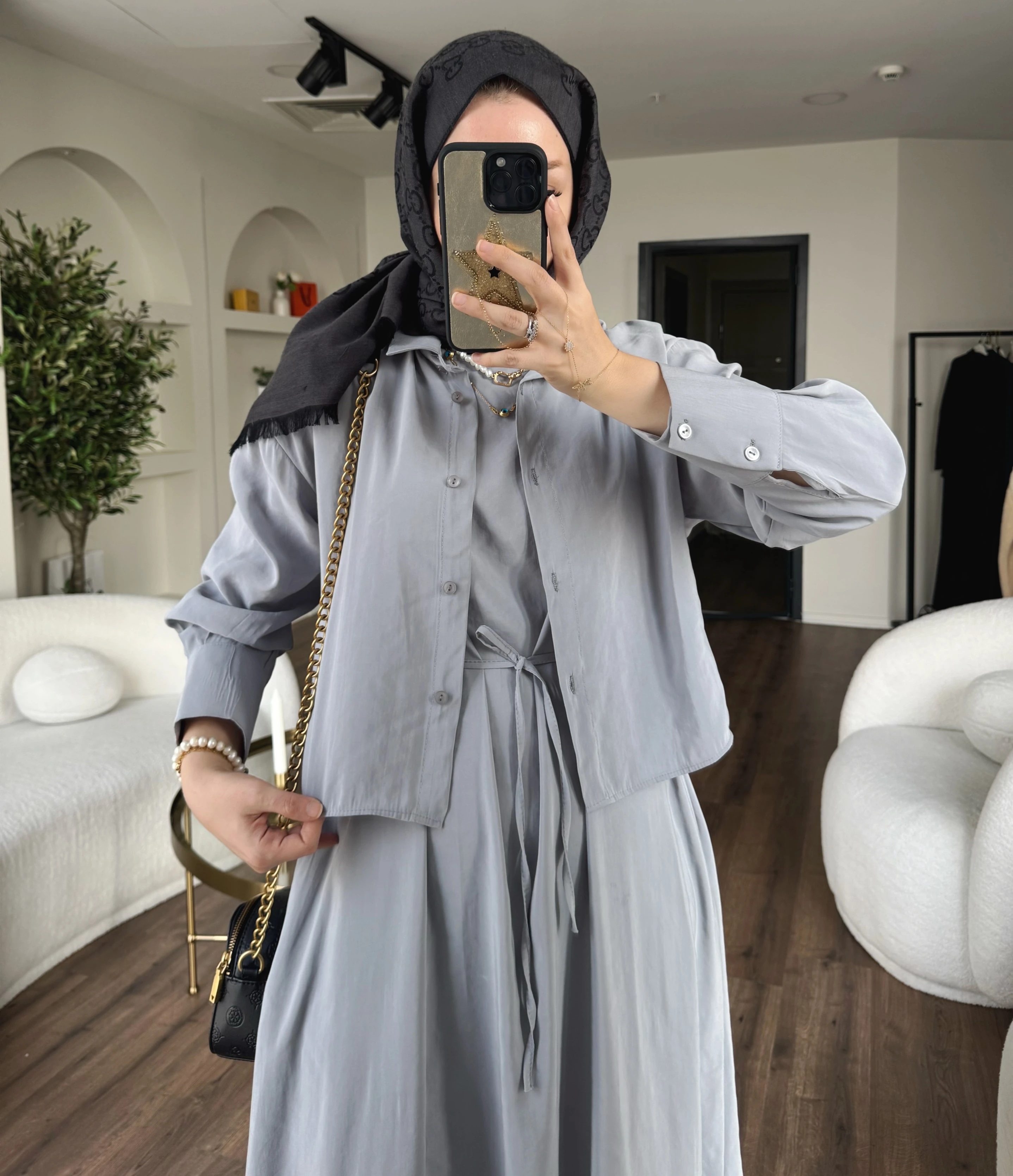 Laren gömlekli elbise - gri