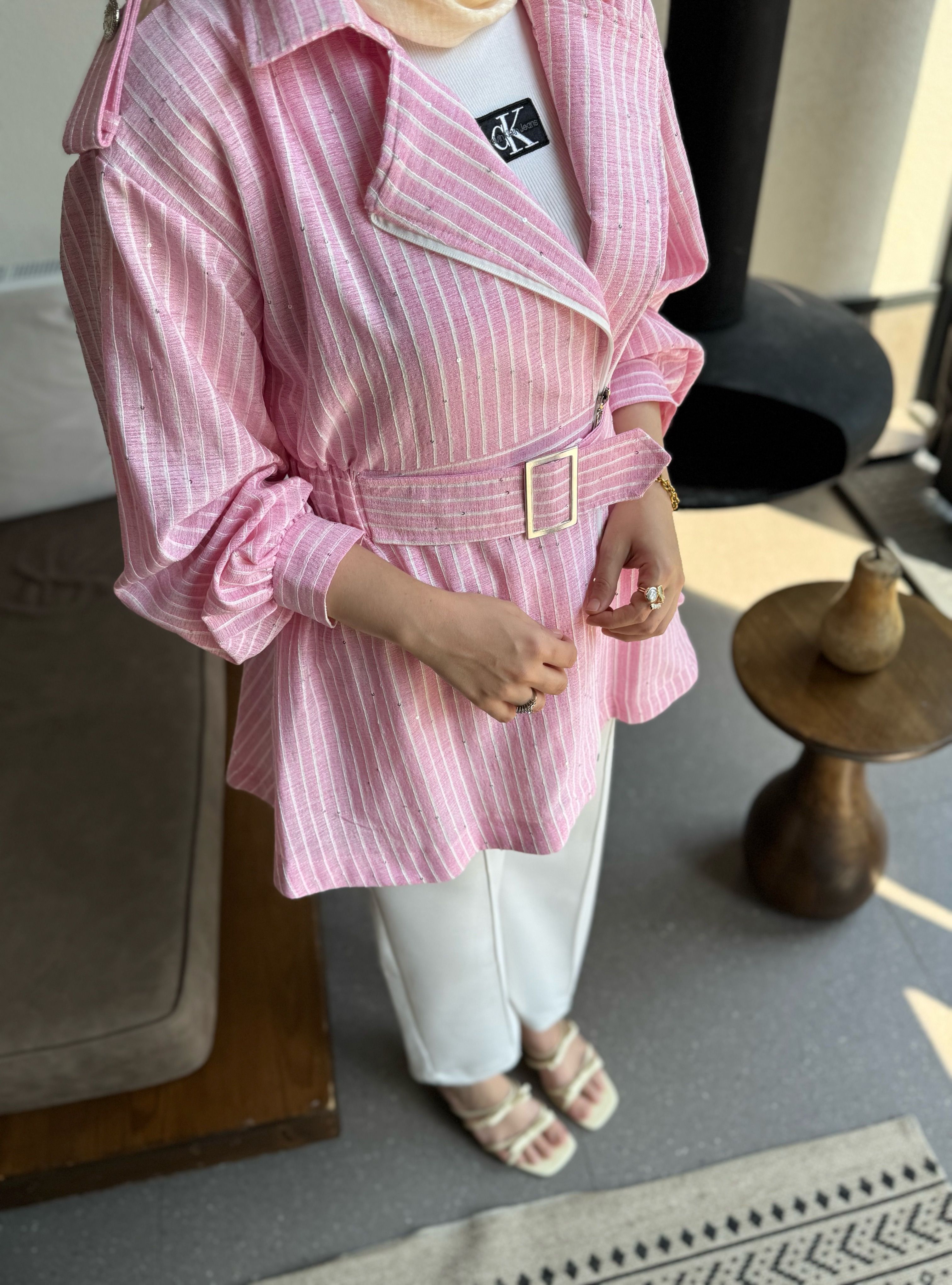 Keten pullu ceket - pembe