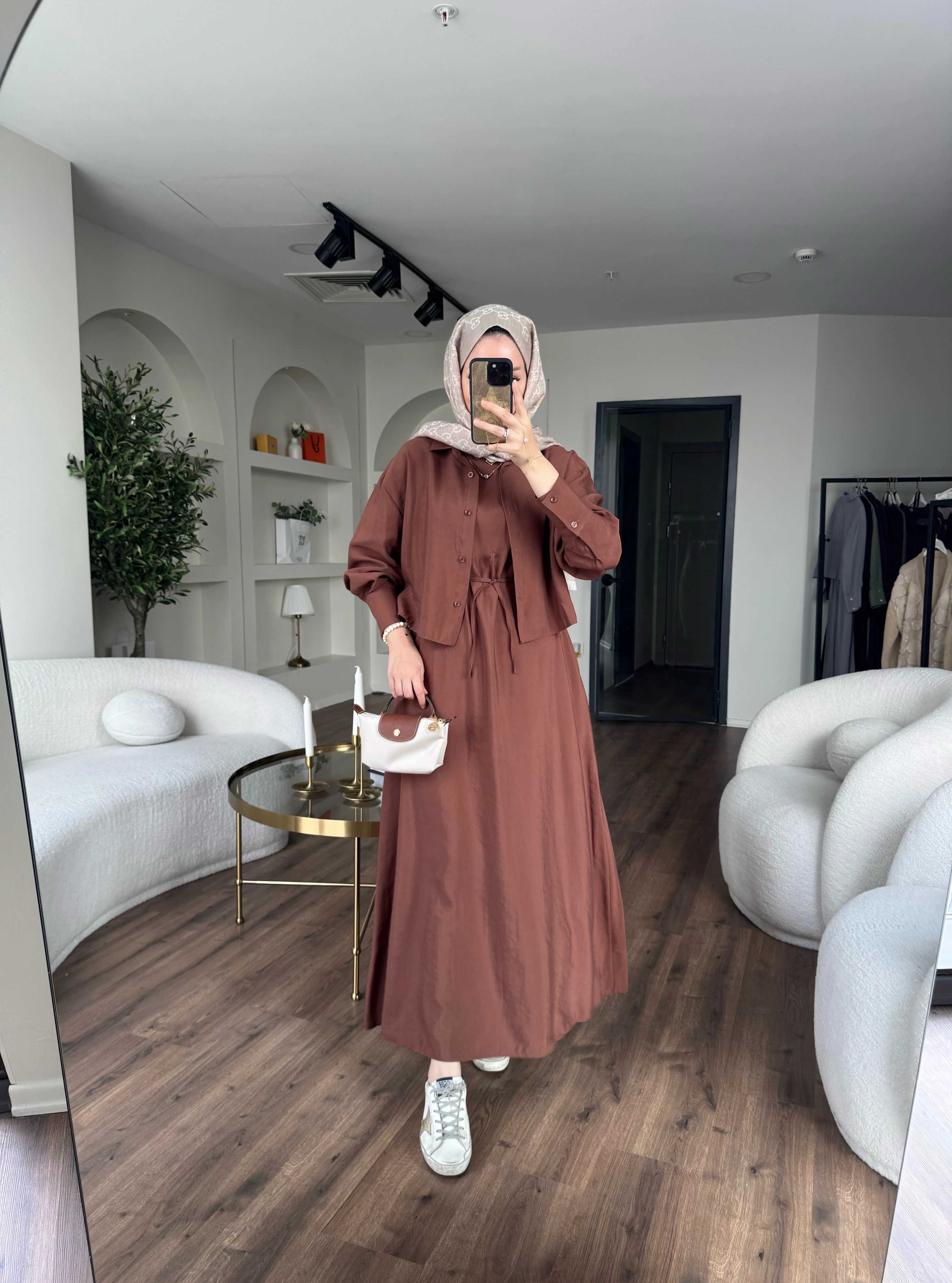 Laren gömlekli elbise - kahverengi