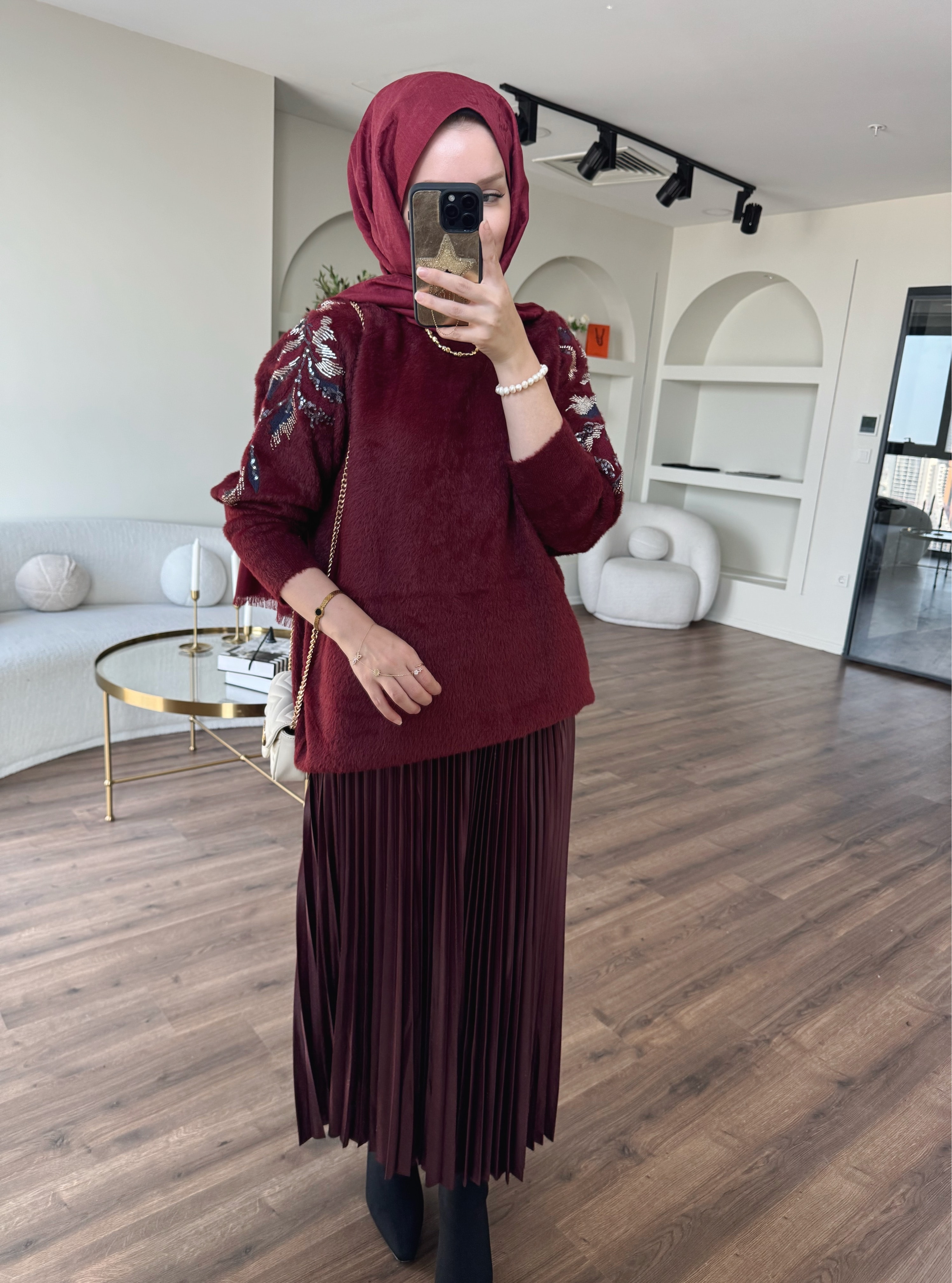 İşlemeli angora kazak - bordo 