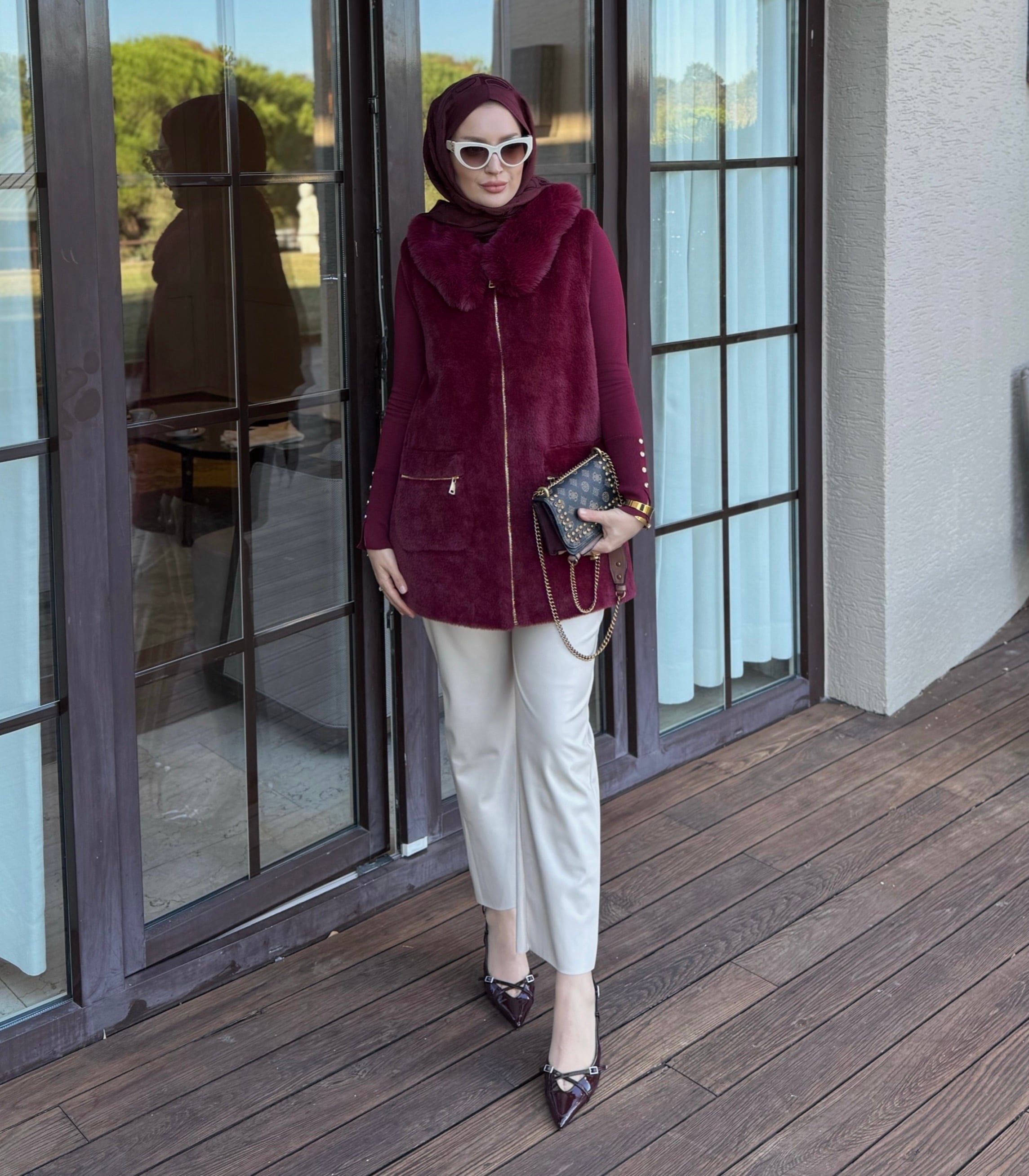 Angora kürk yelek - bordo