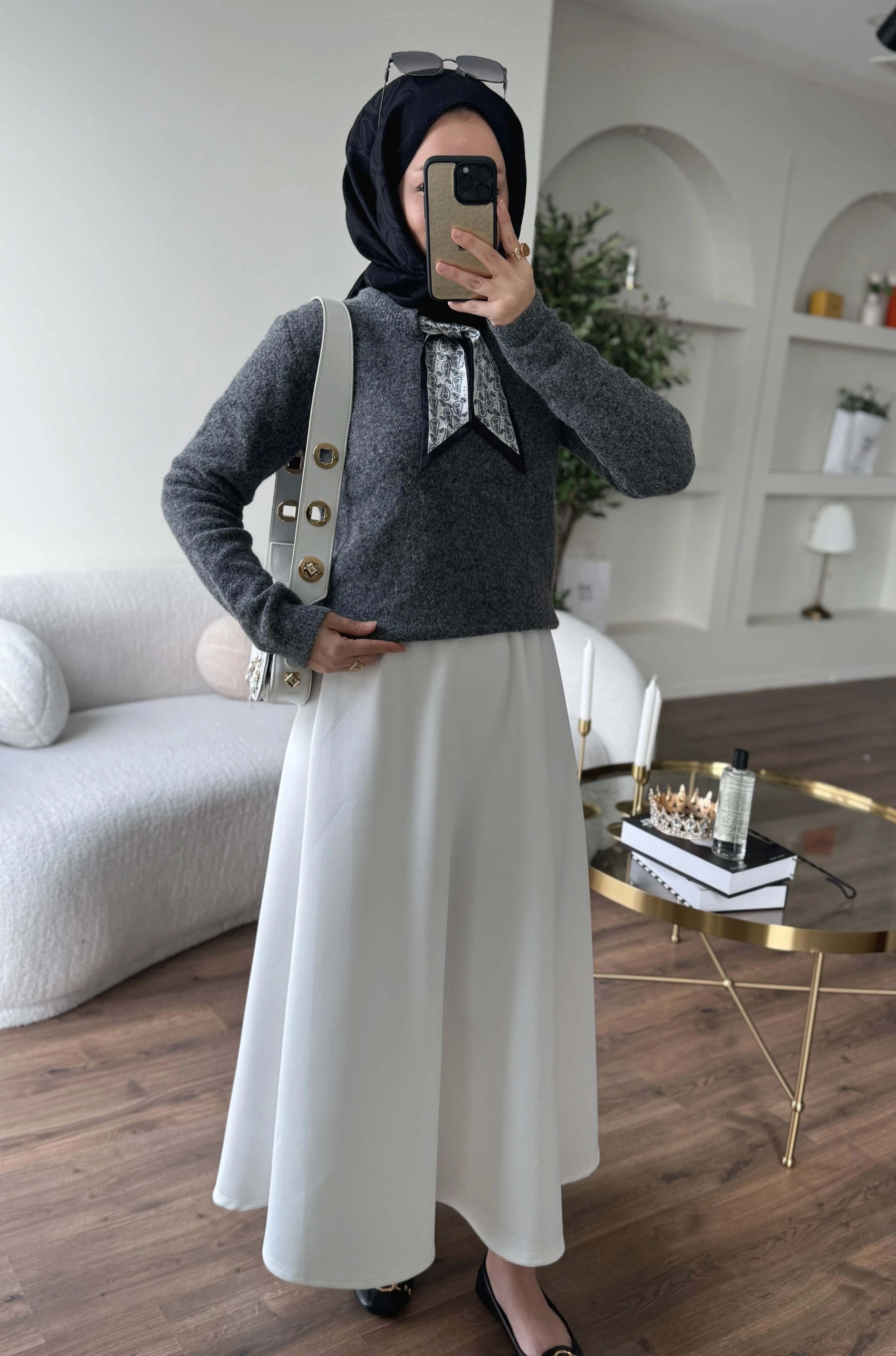 Fularlı triko kazak - gri