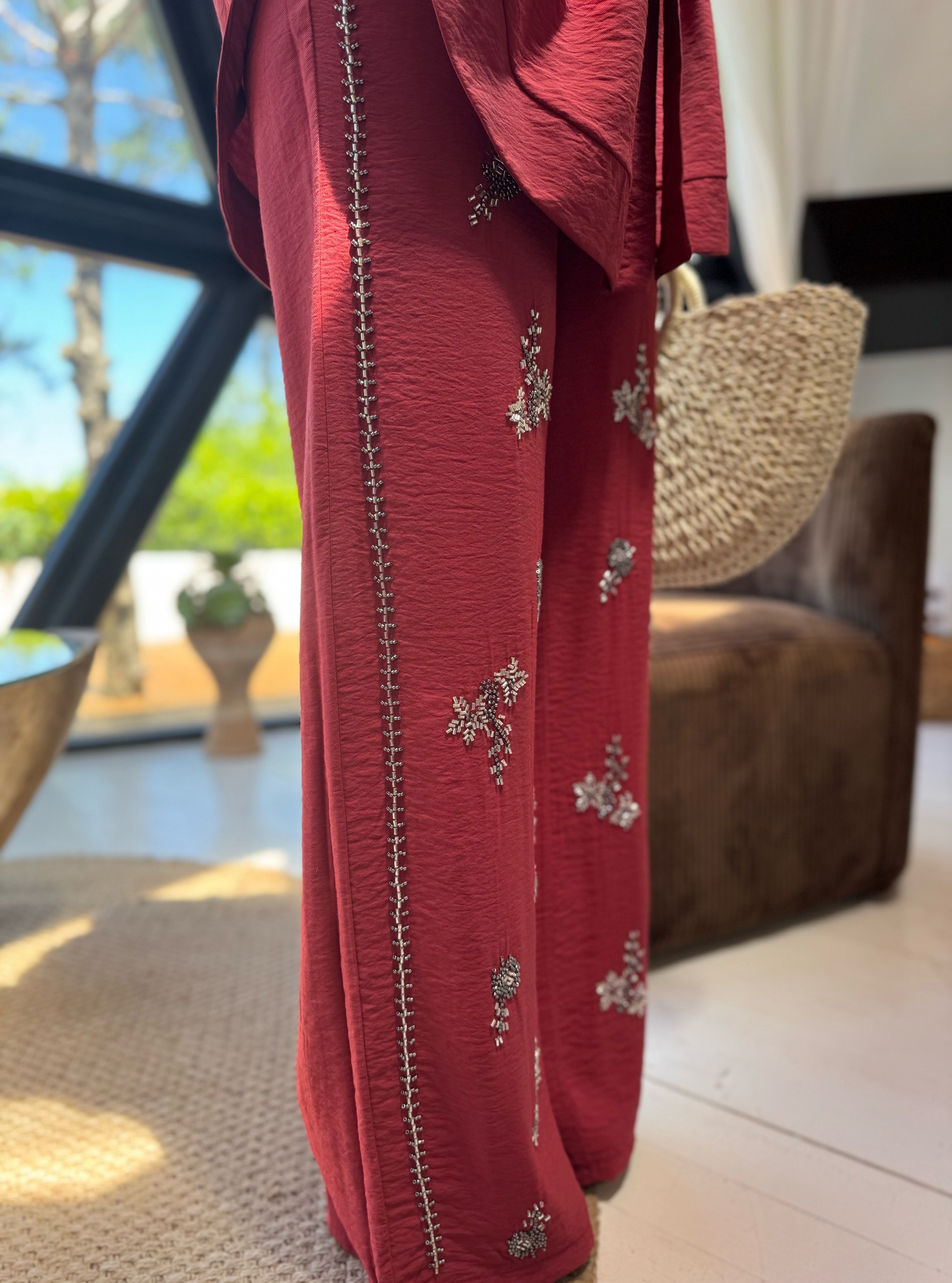 İşlemeli Kimono Takım - Bordo