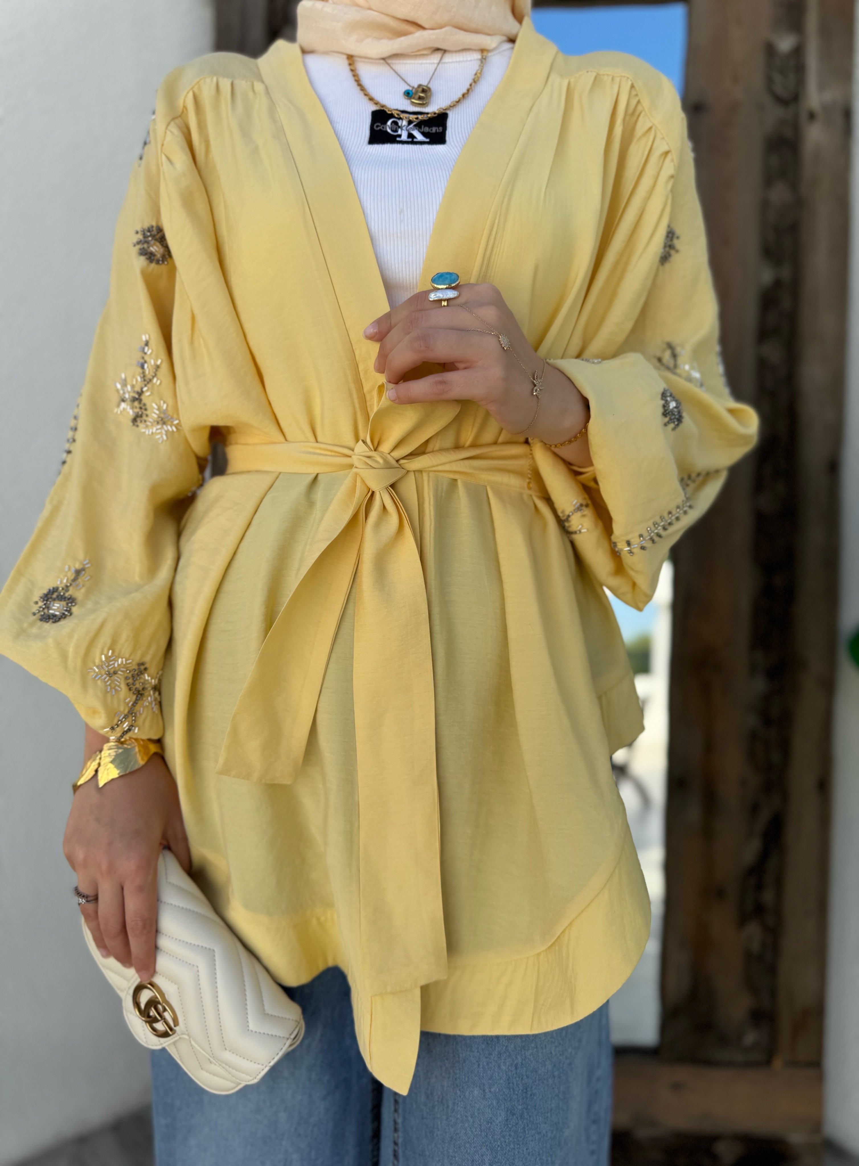 Nakışlı Kimono - Sarı