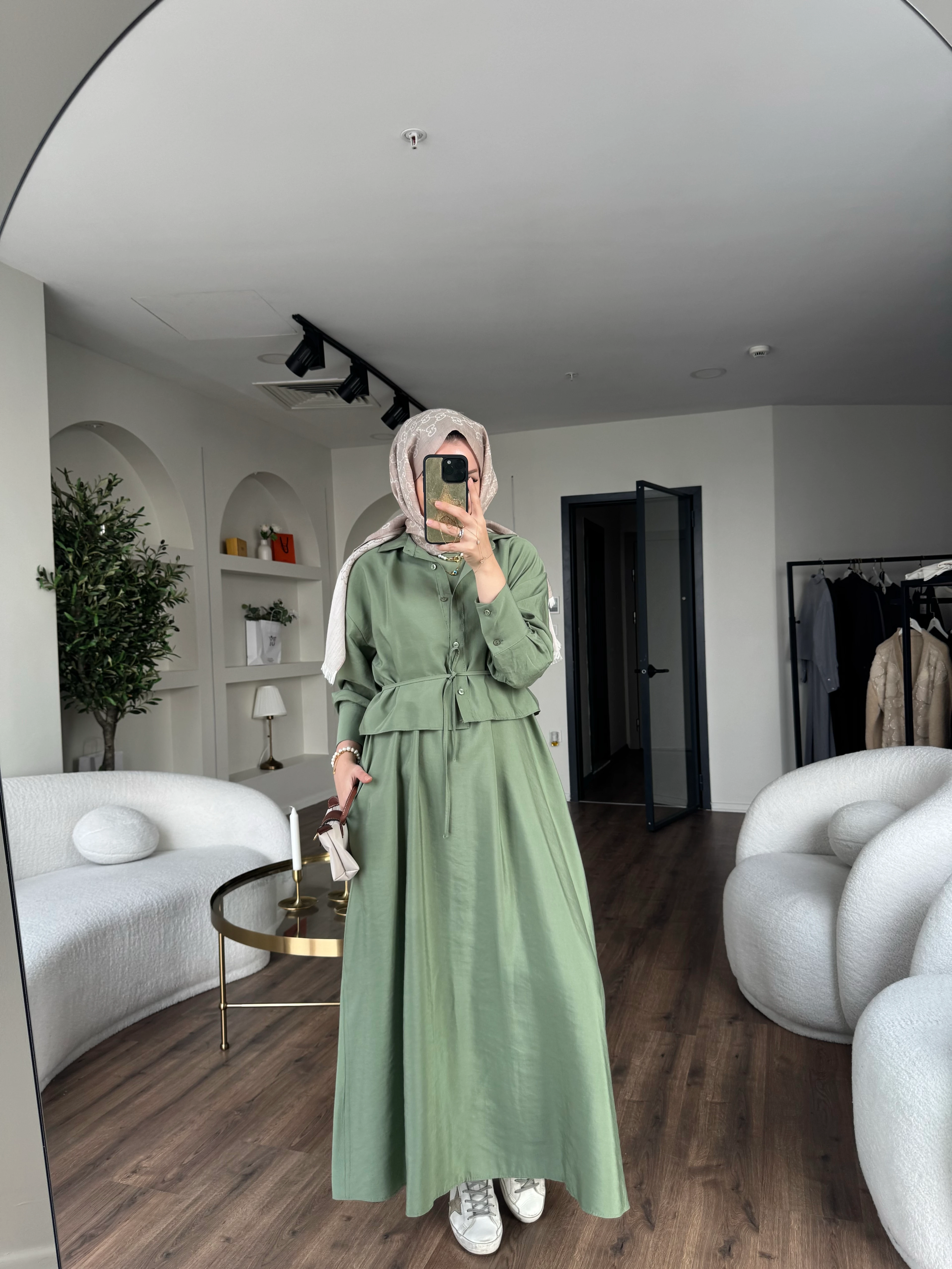 Laren gömlekli elbise - yeşil