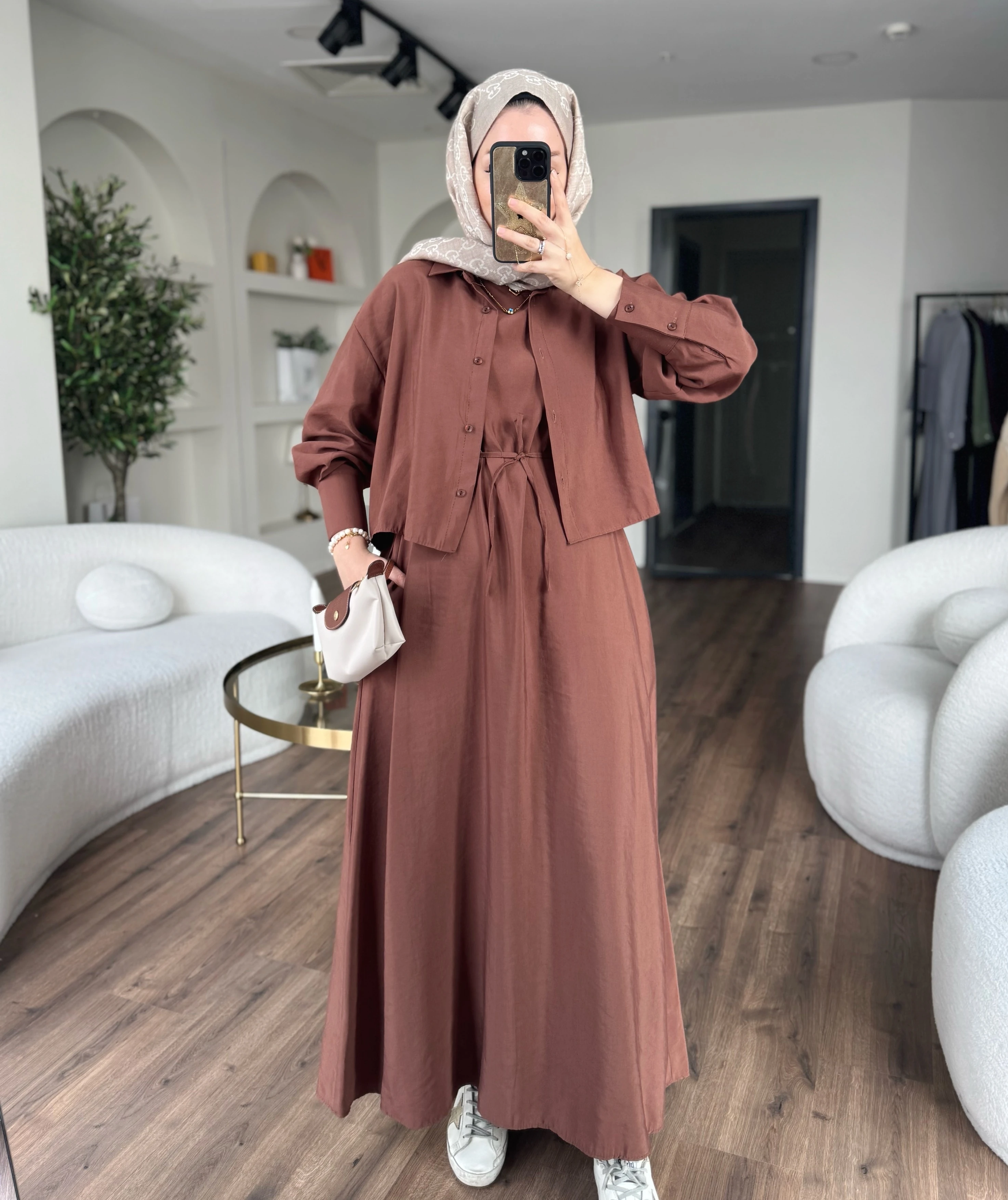 Laren gömlekli elbise - kahverengi