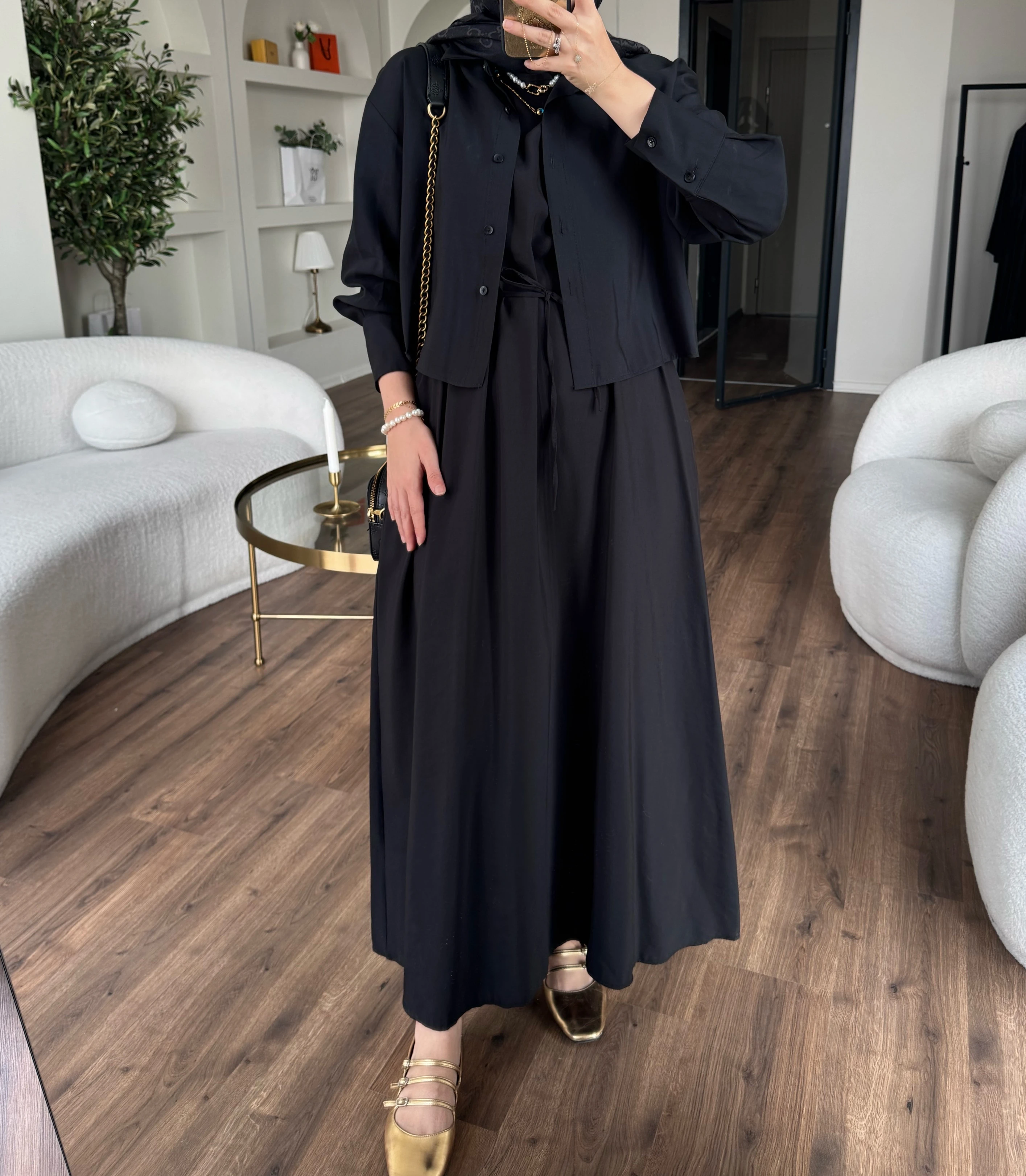 Laren gömlekli elbise - siyah 