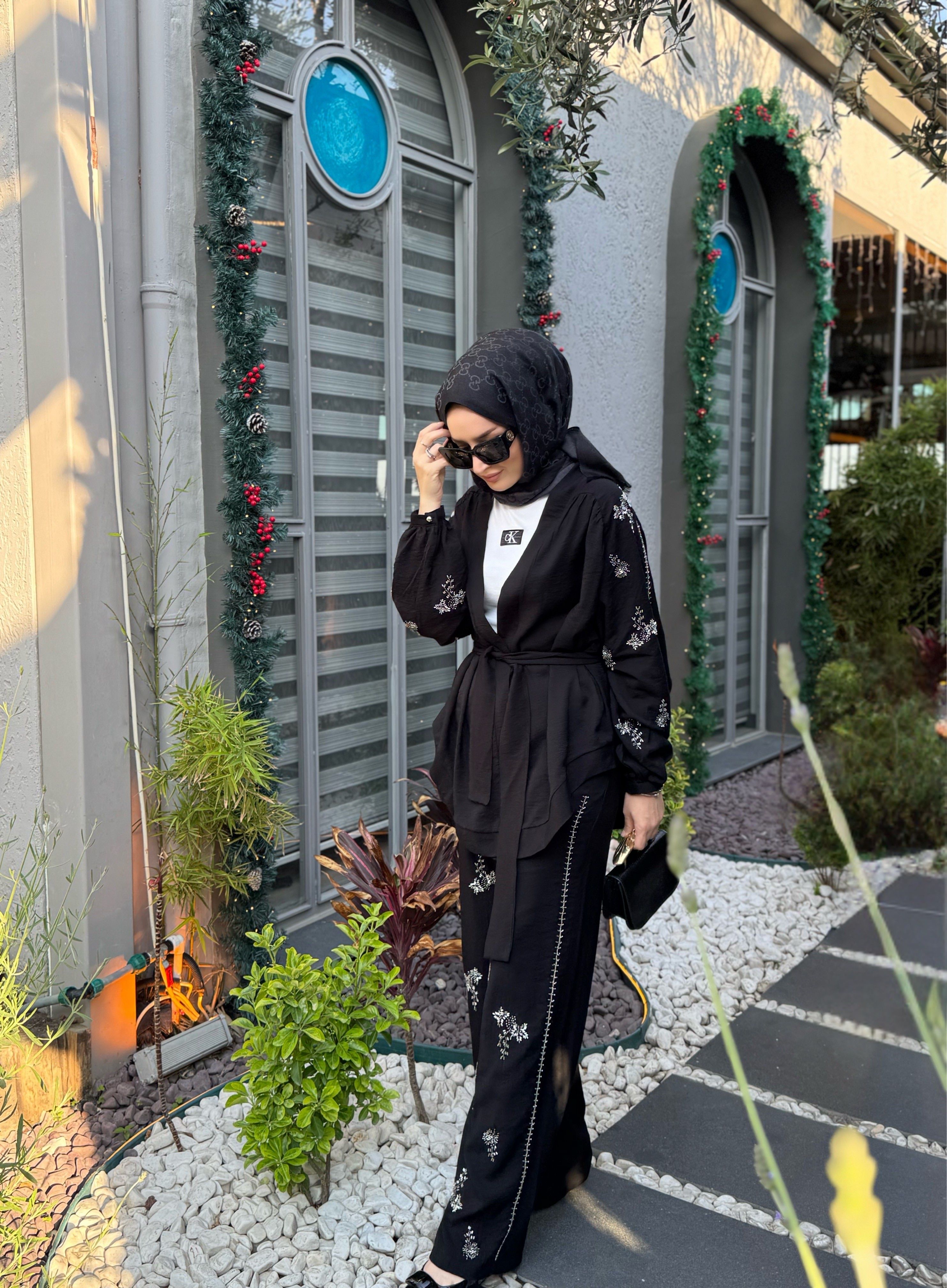 İşlemeli Kimono Takım - Siyah