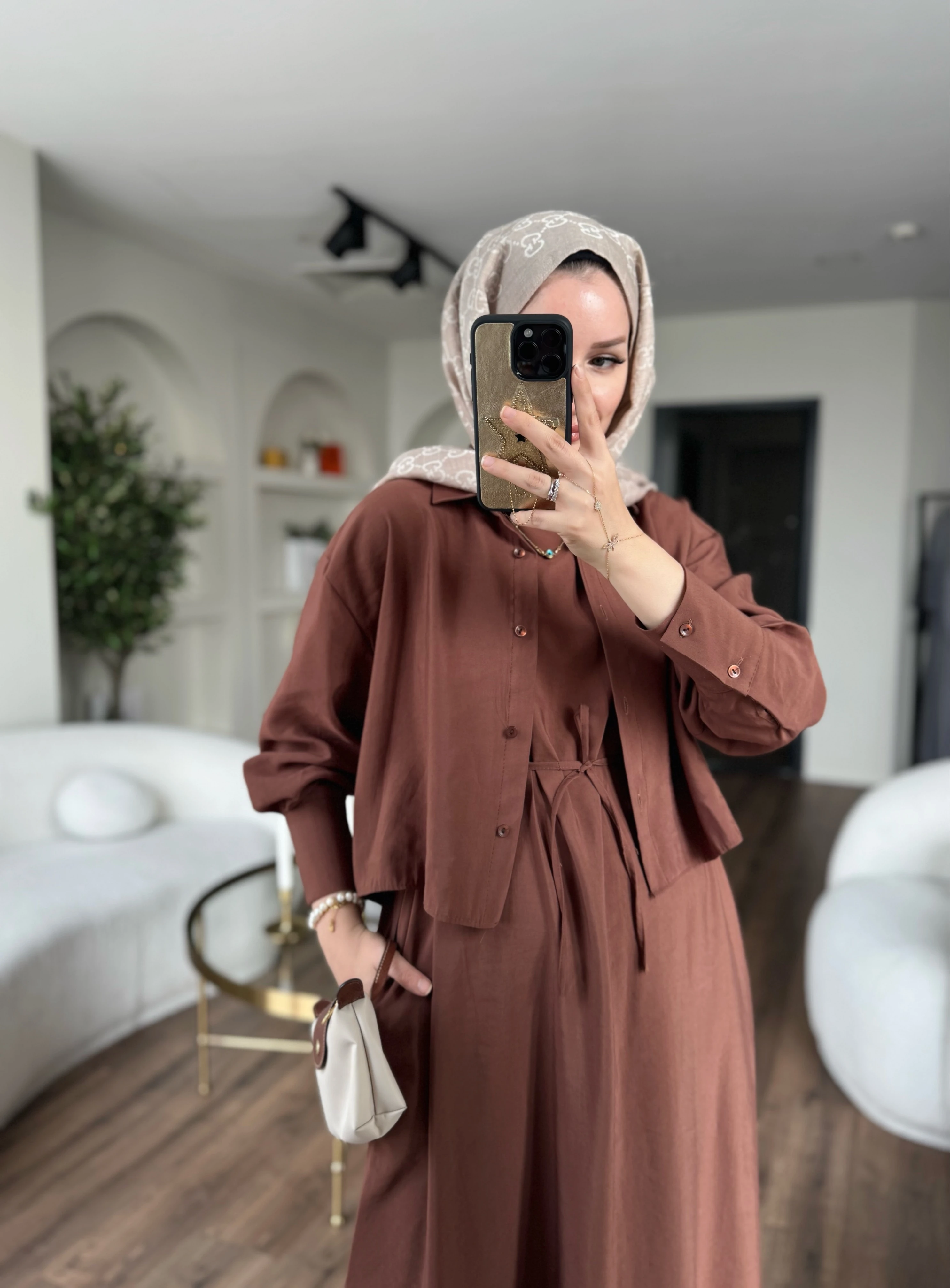 Laren gömlekli elbise - kahverengi