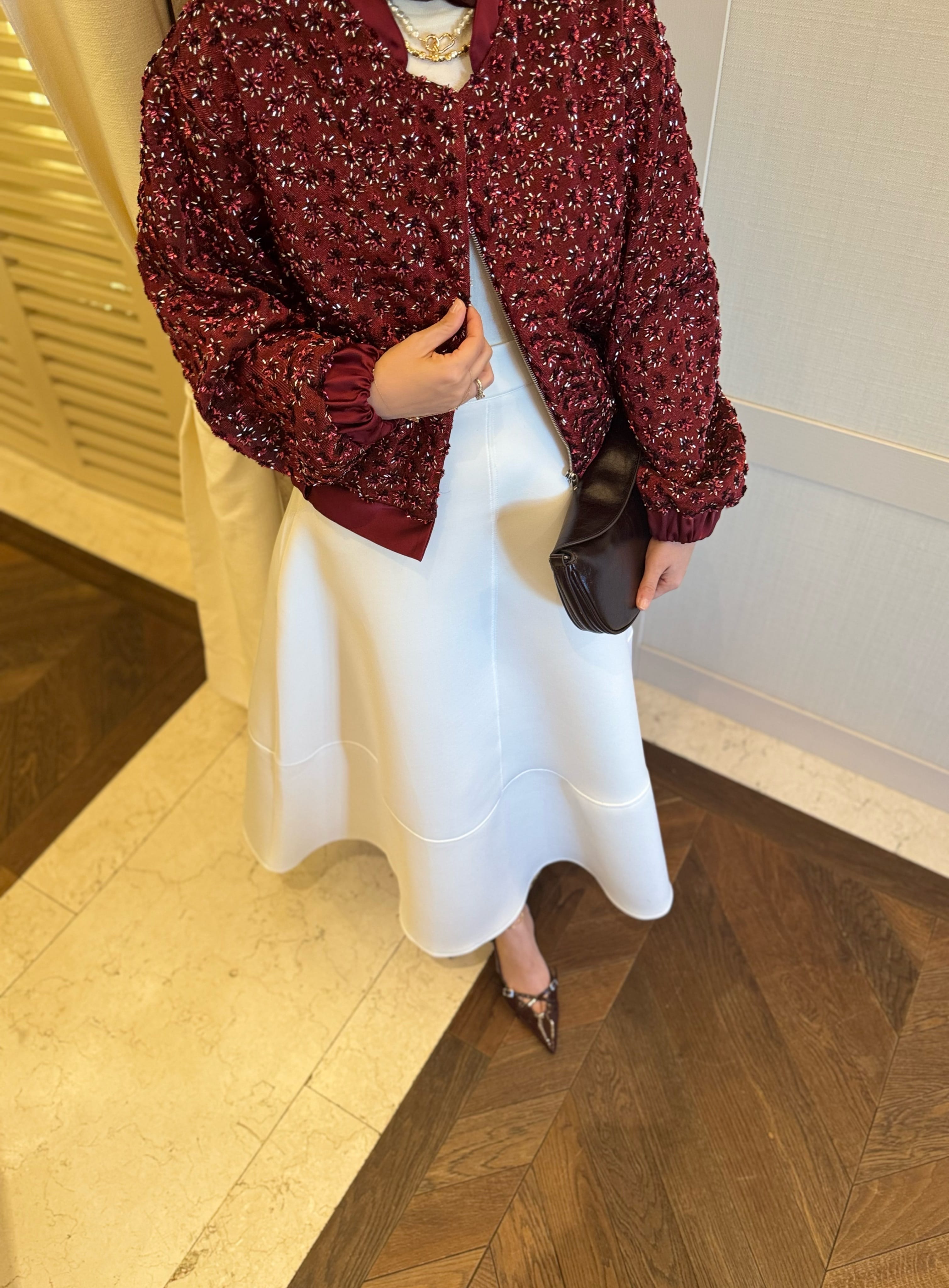 Glam payetli saten ceket -bordo