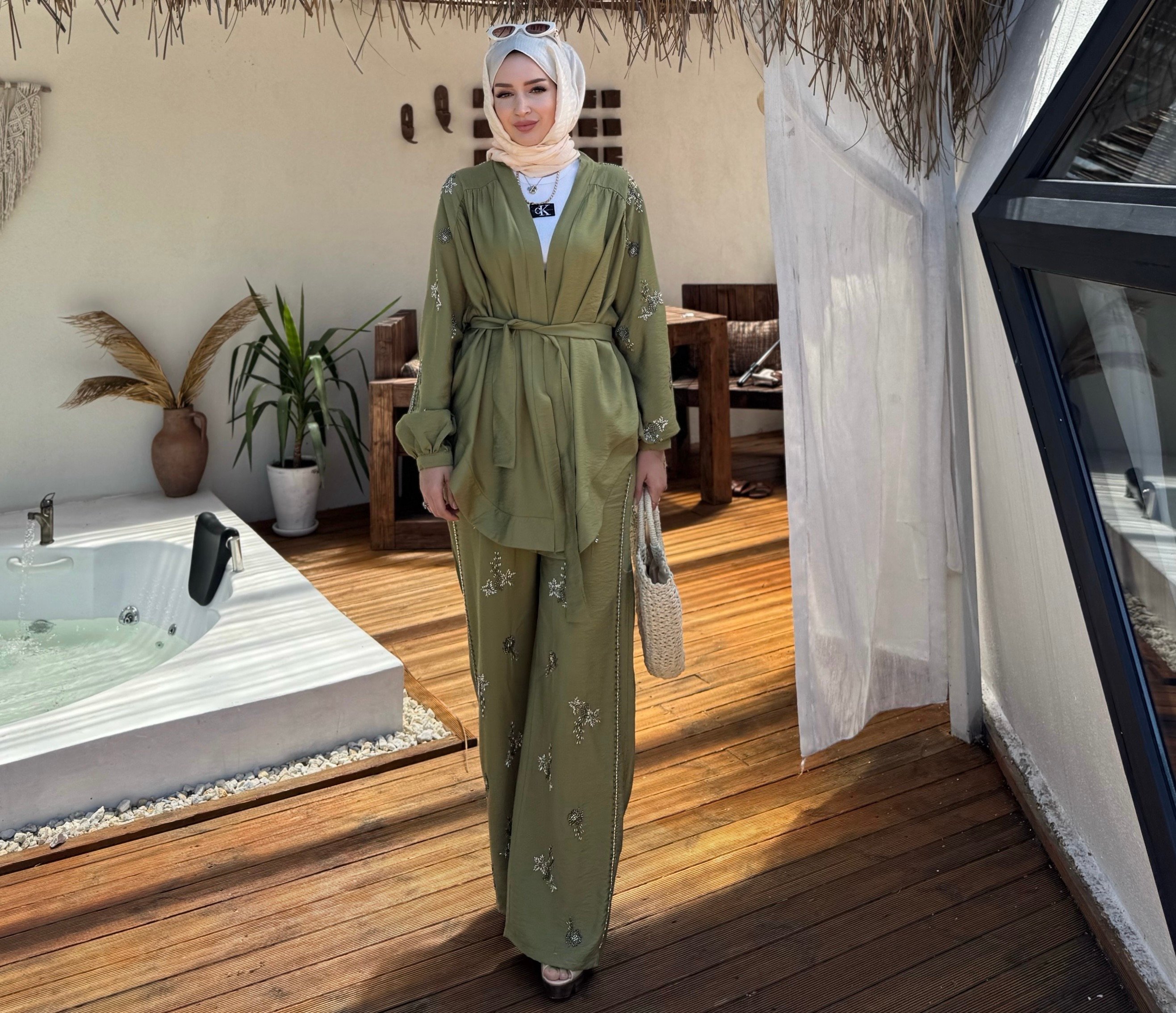 İşlemeli Kimono Takım - Yağ yeşili 