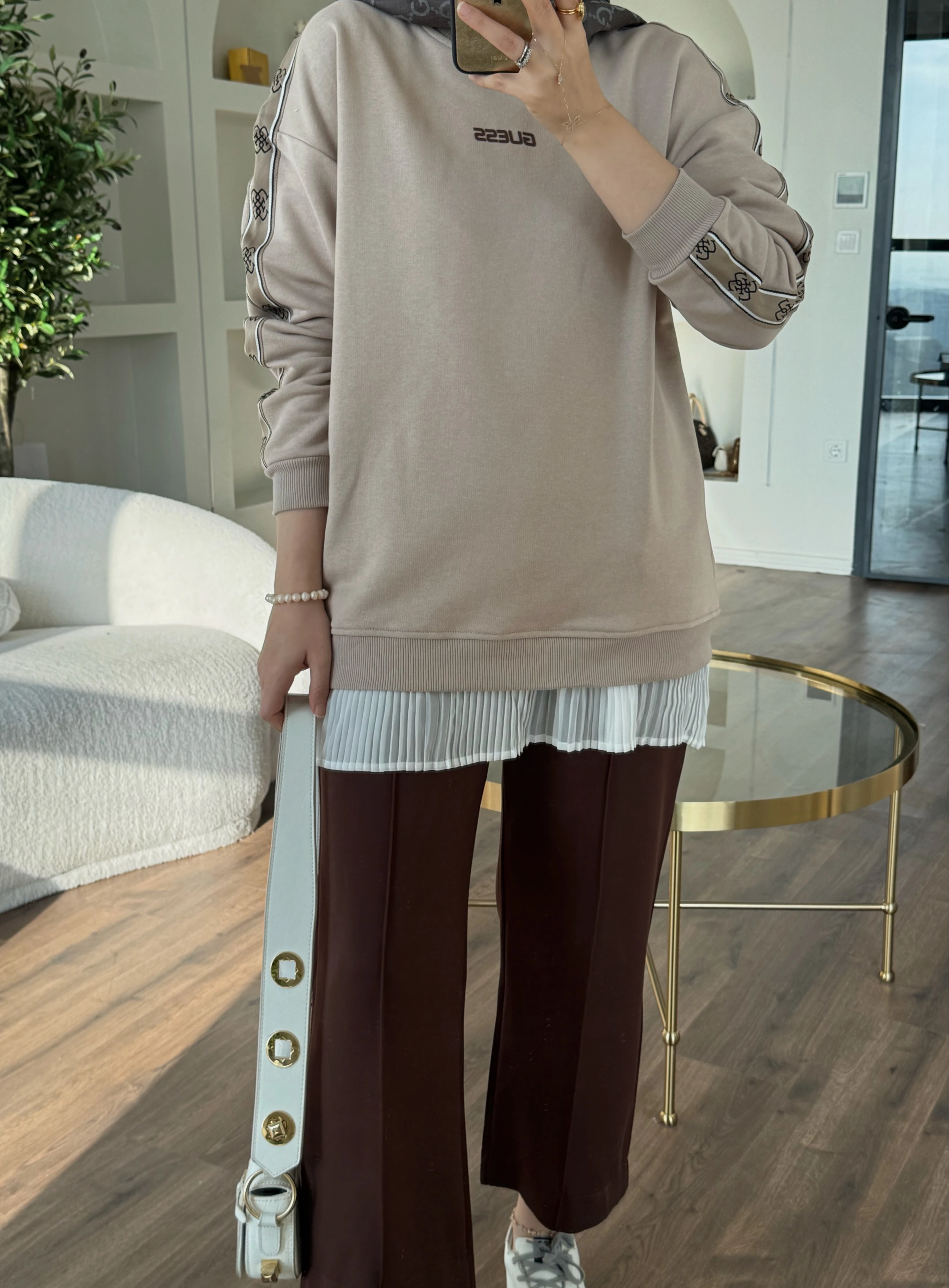 Kolları şeritli sweat - taş