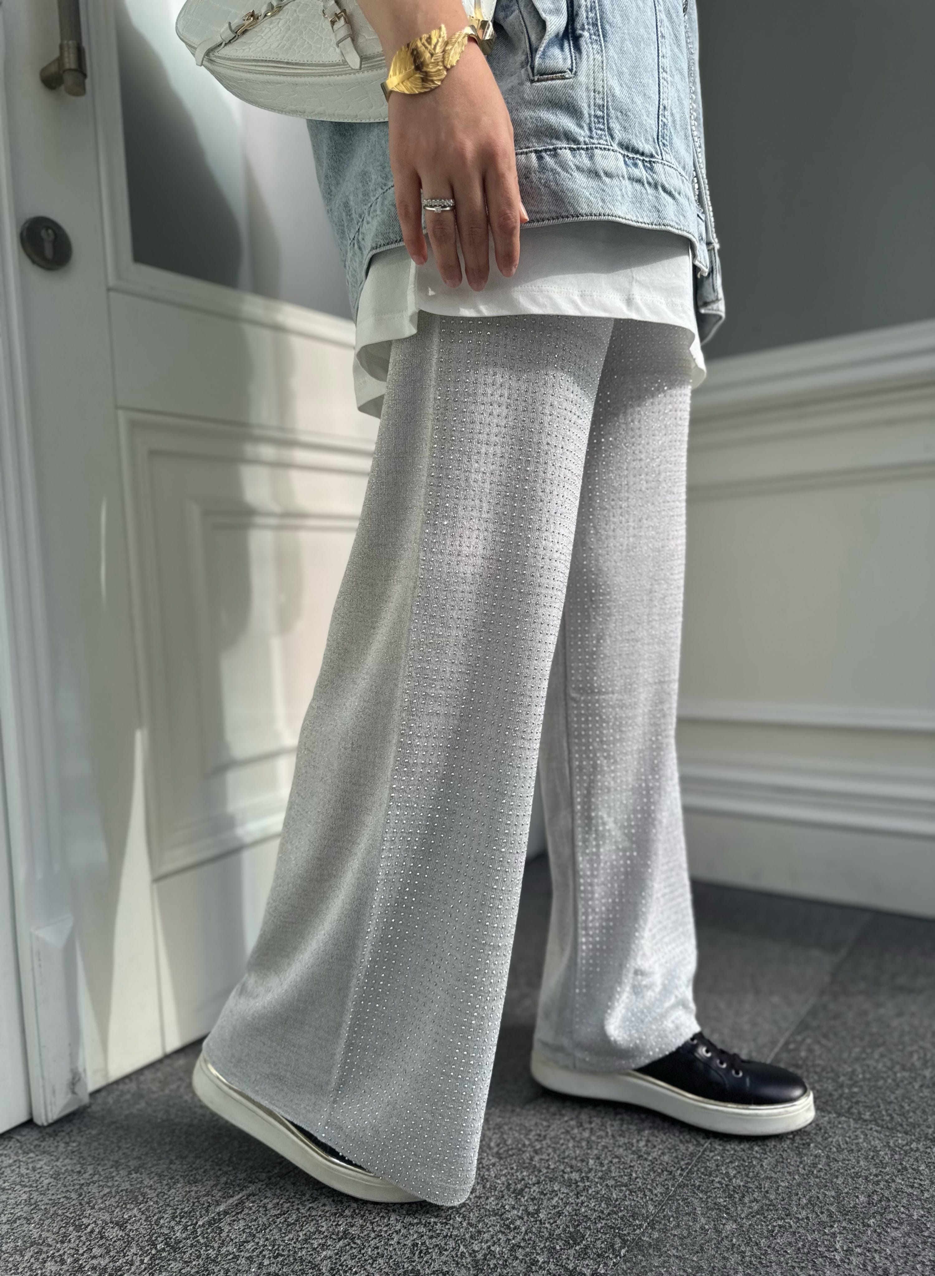 Taşlı merserize pantolon - gri