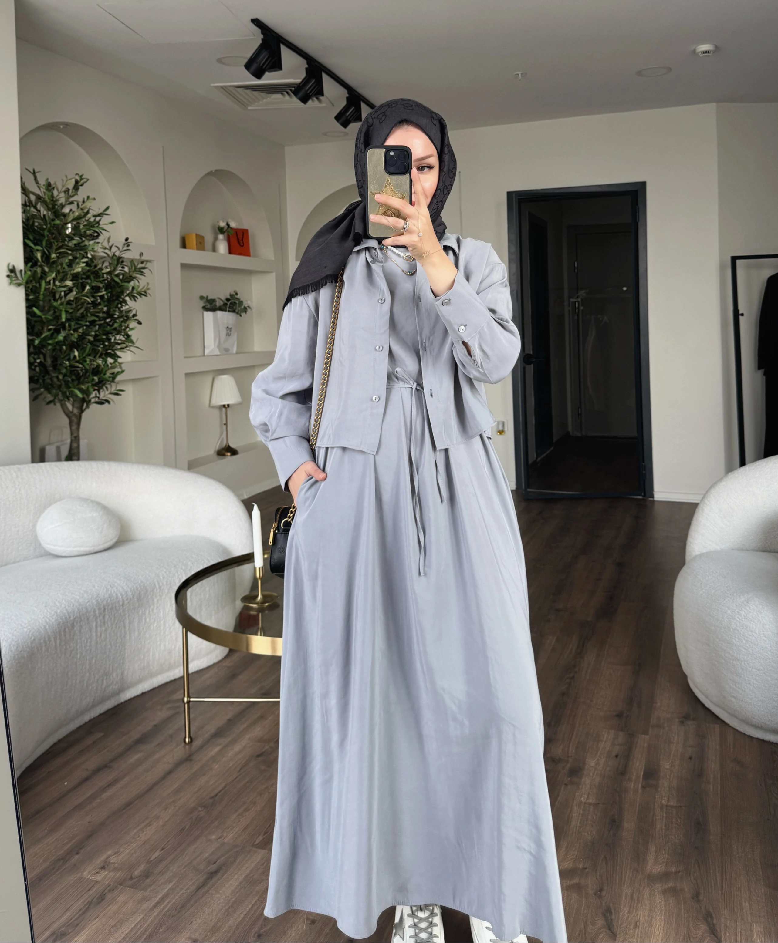 Laren gömlekli elbise - gri