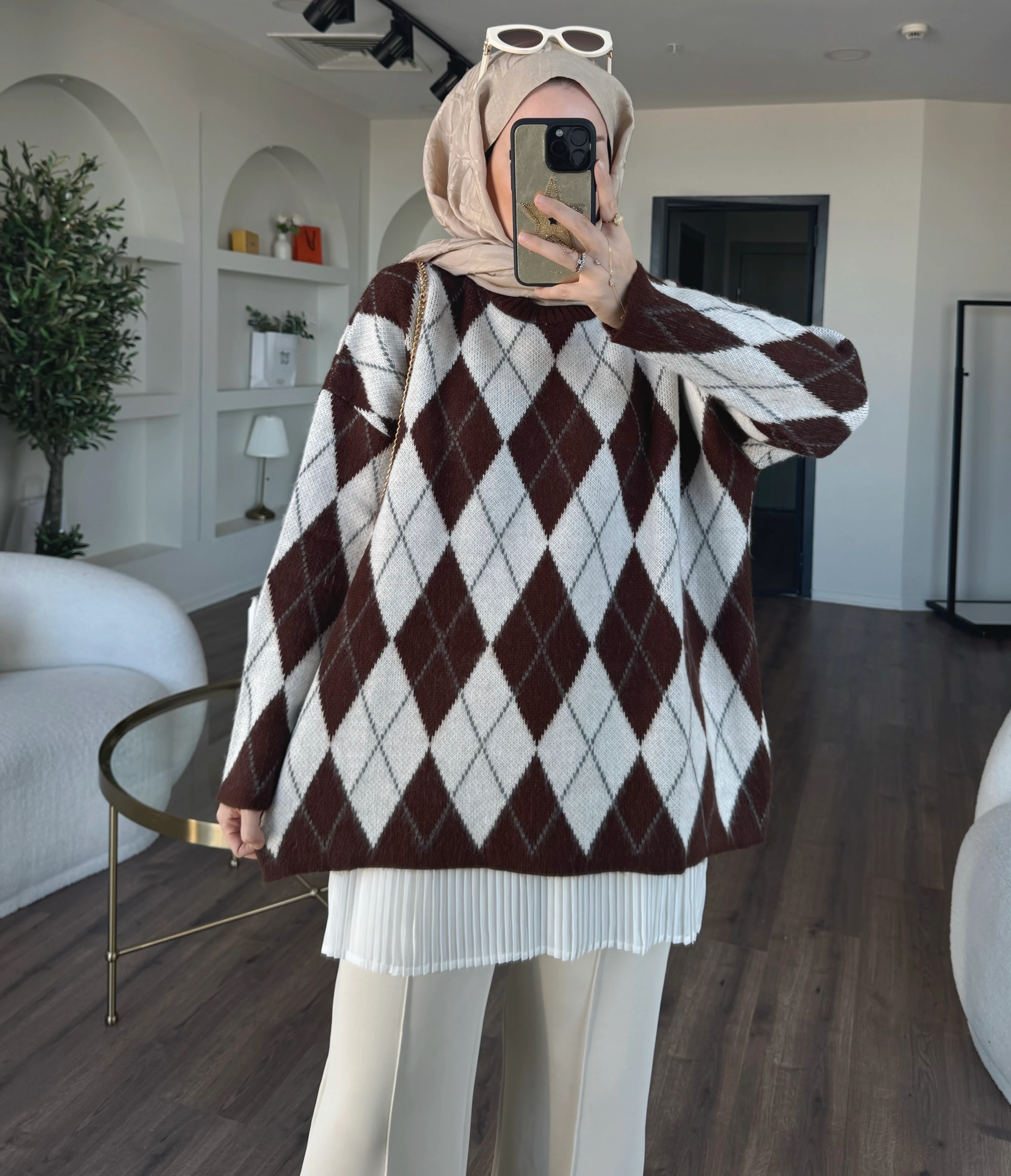 Baklava desen triko kazak - kahverengi