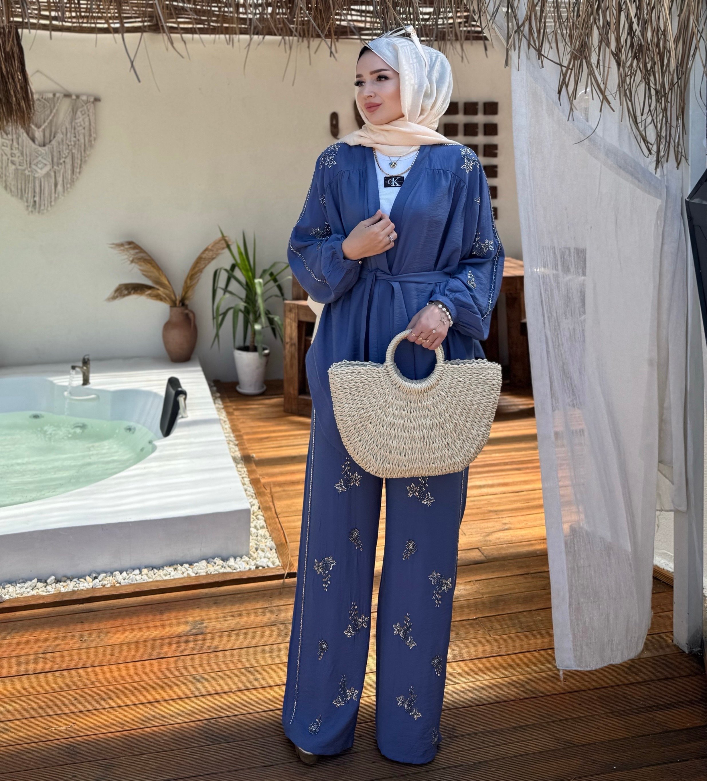 İşlemeli Kimono Takım - İndigo