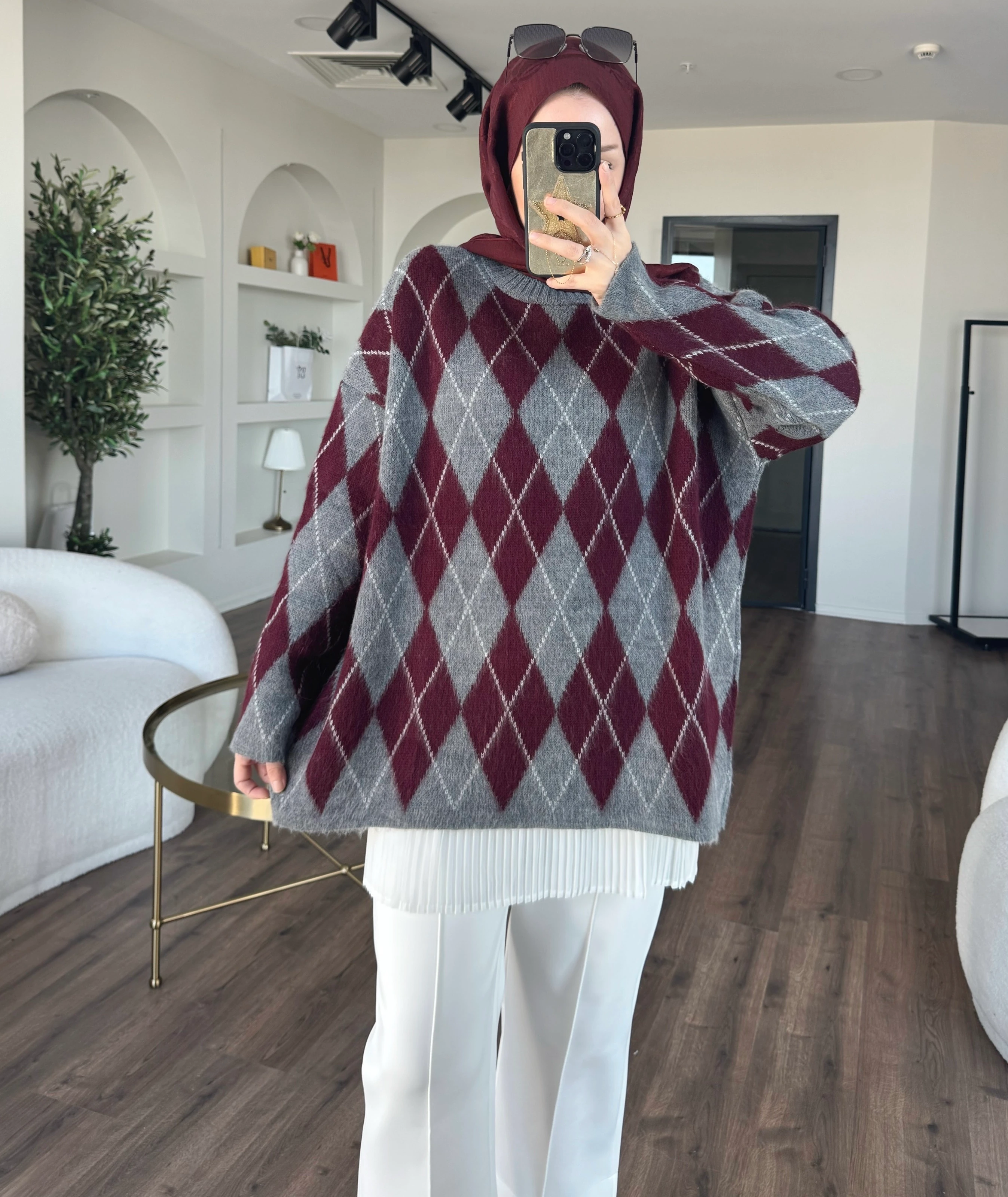 Baklava desen triko kazak - bordo