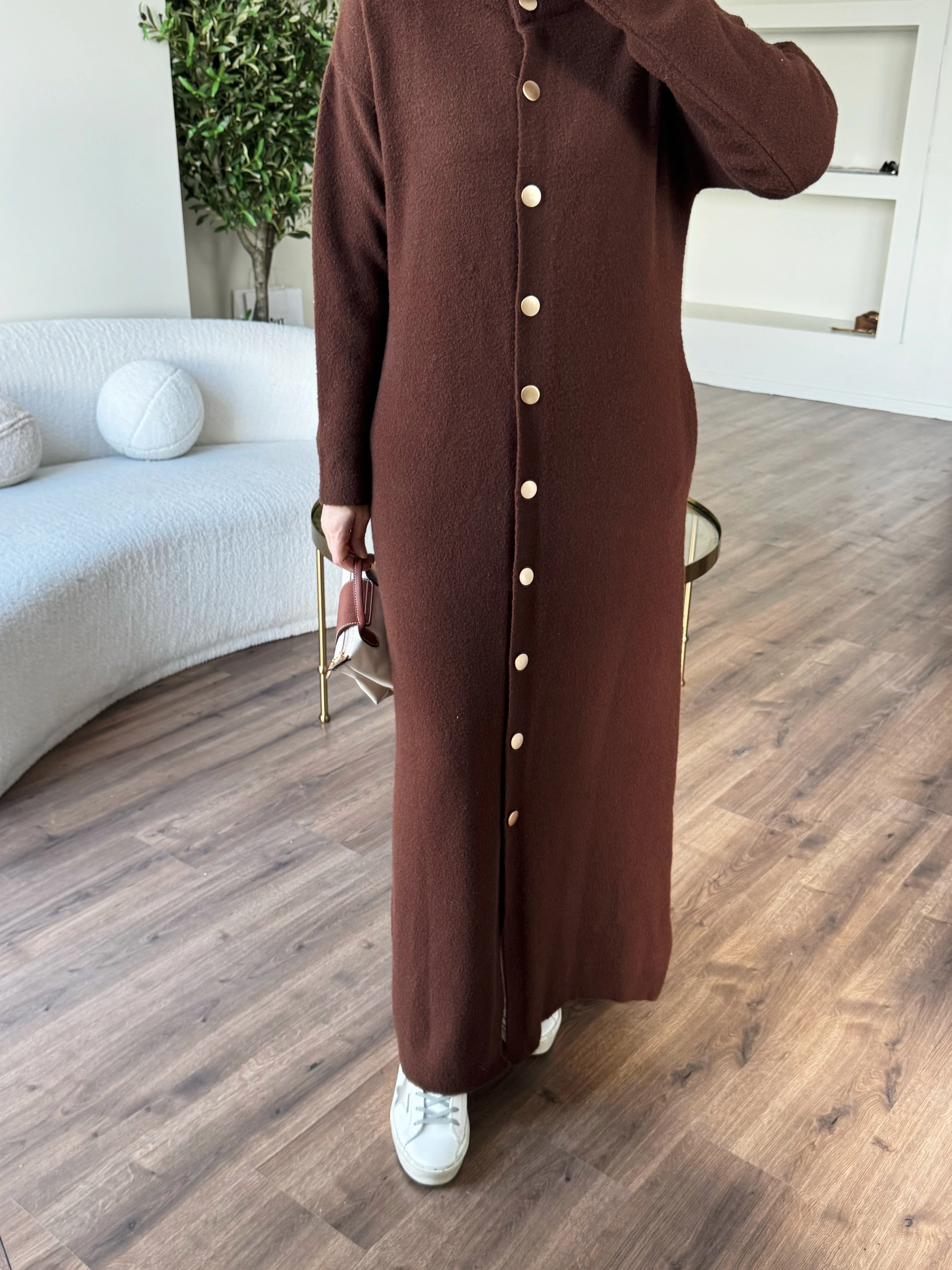 Tam boy angora hırka - kahverengi