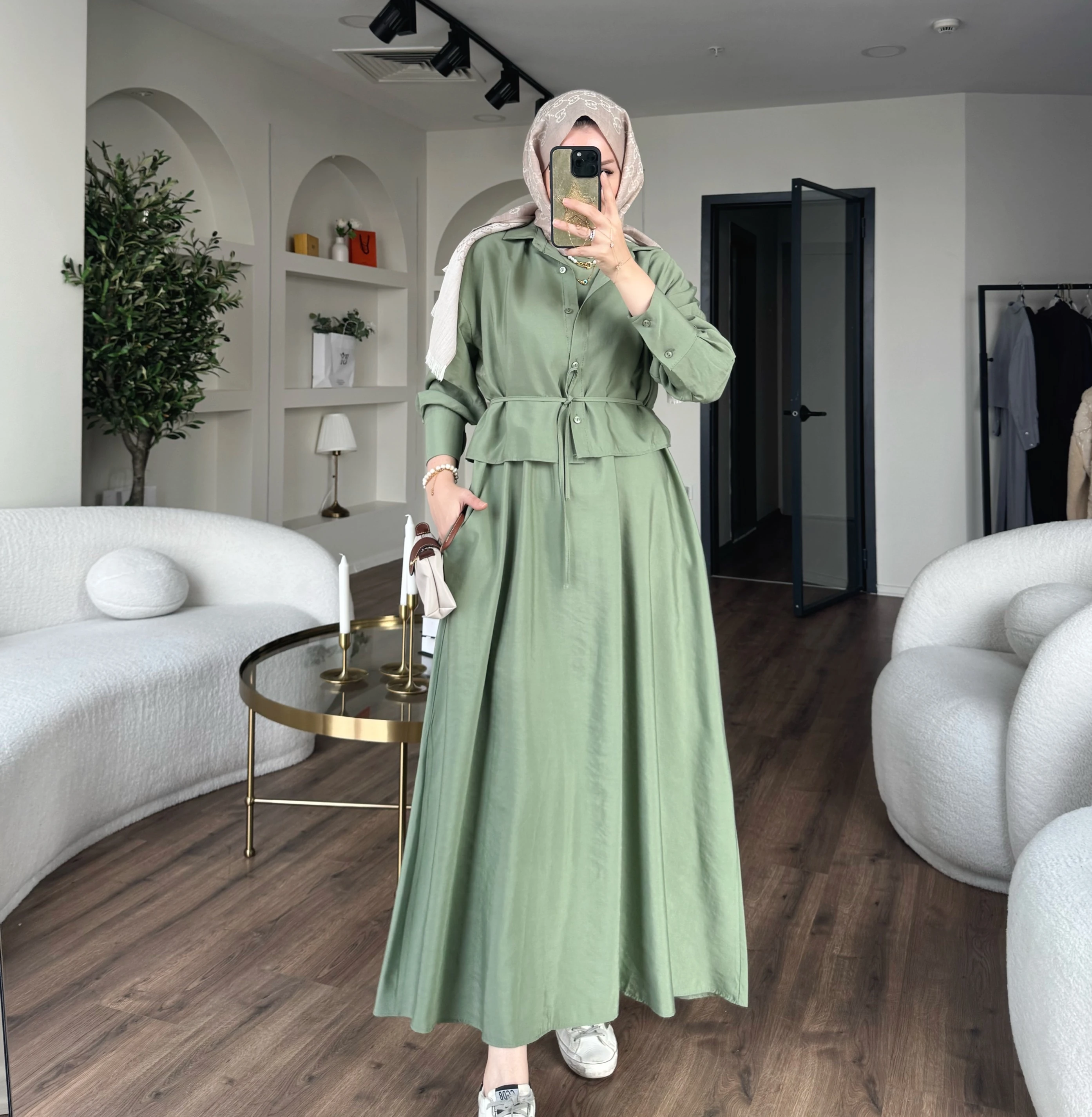 Laren gömlekli elbise - yeşil