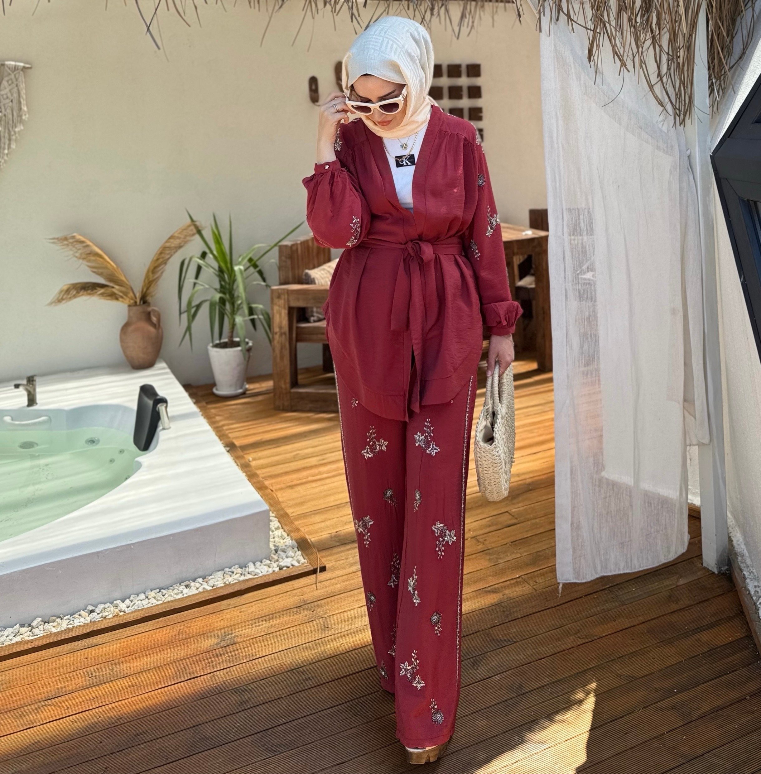 İşlemeli Kimono Takım - Bordo