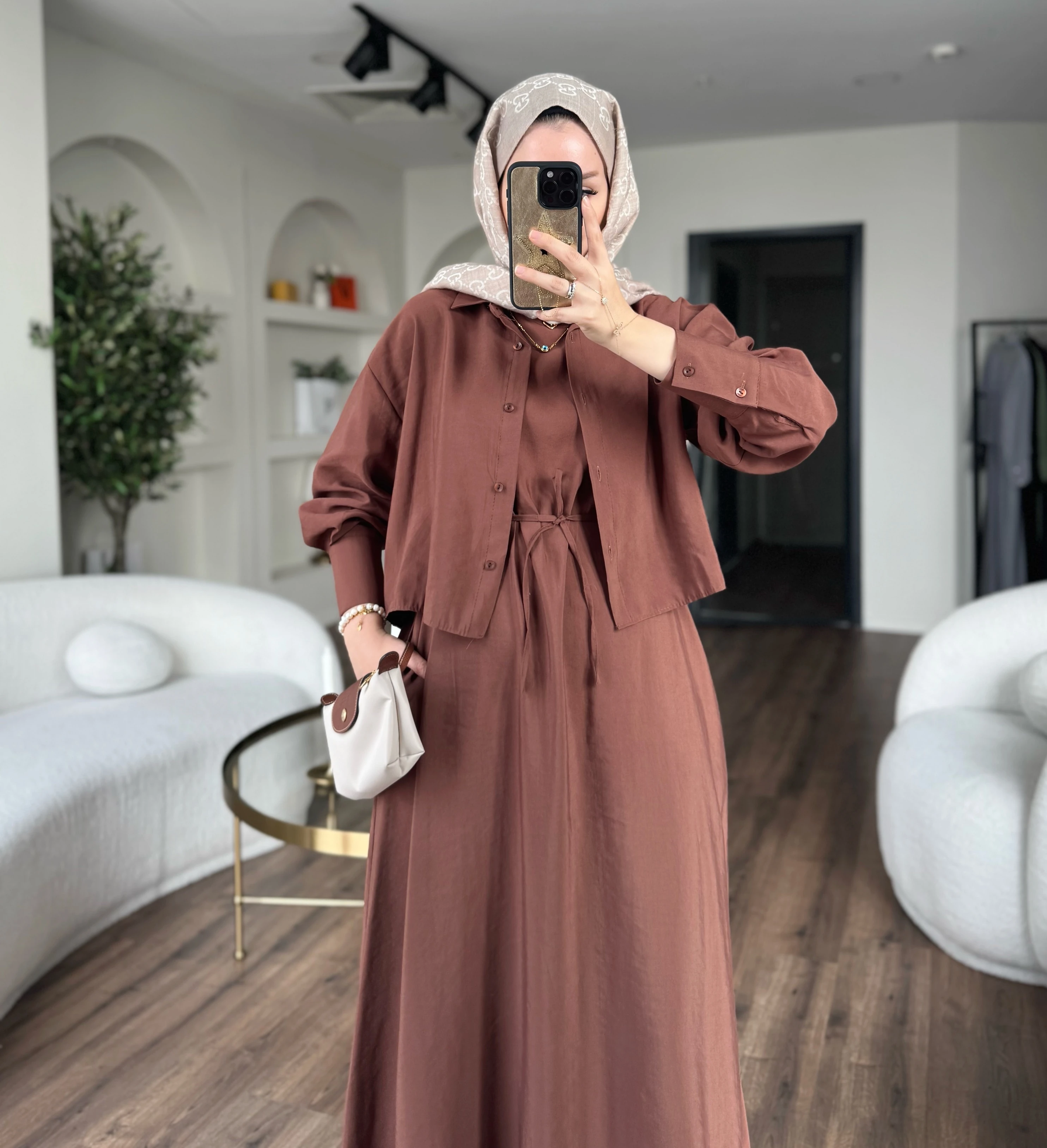 Laren gömlekli elbise - kahverengi