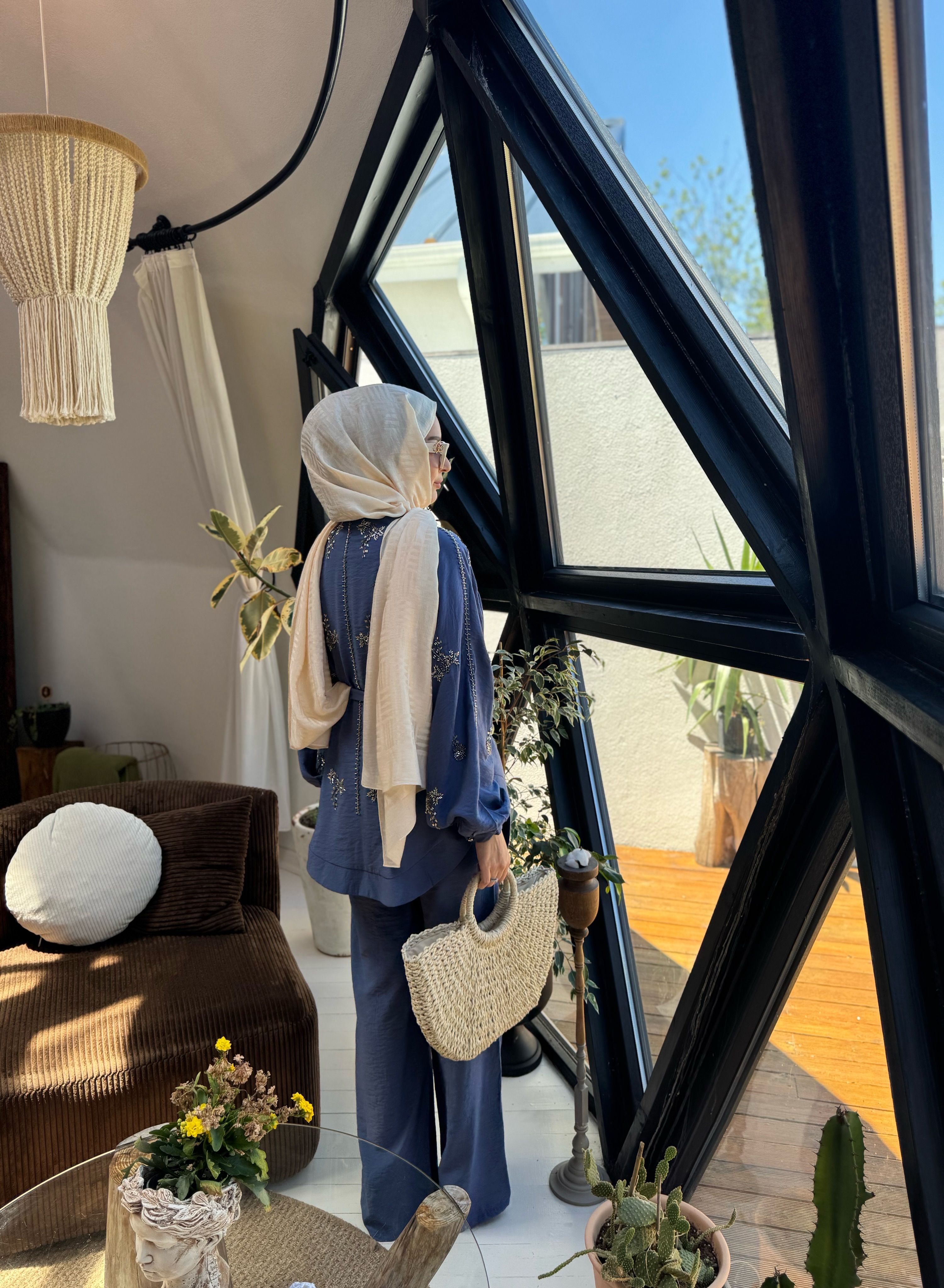 İşlemeli Kimono Takım - İndigo