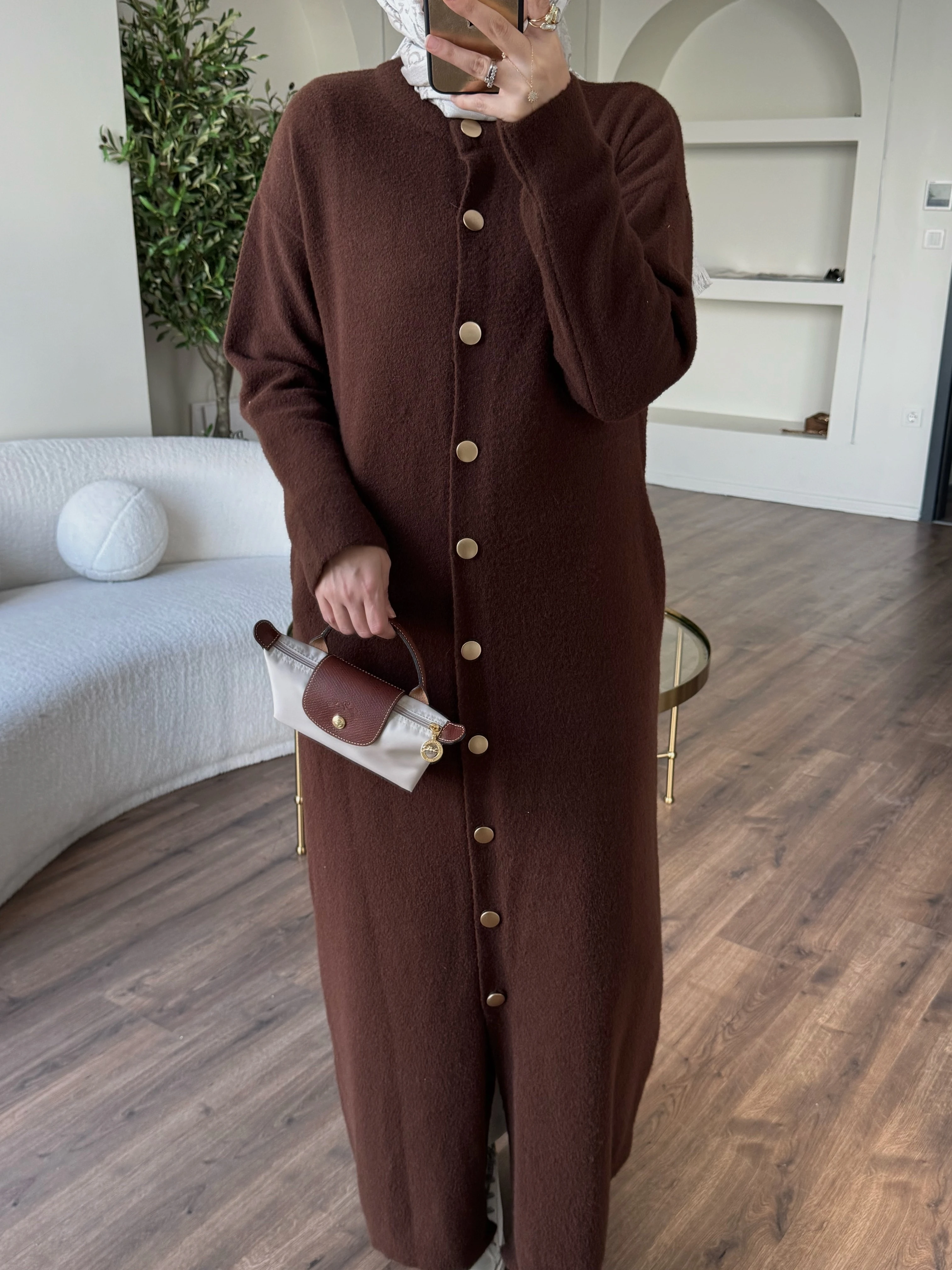 Tam boy angora hırka - kahverengi