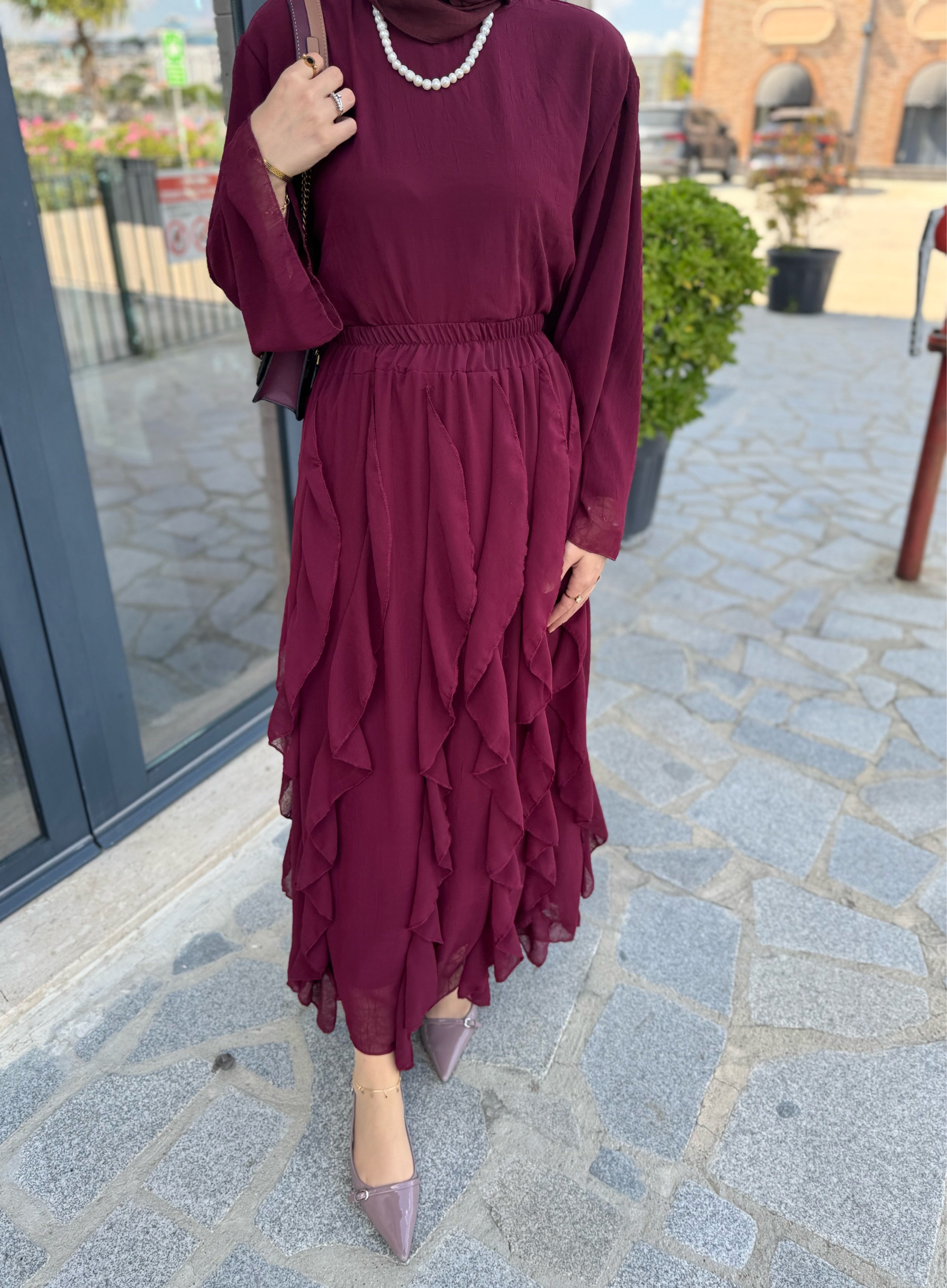 Perla etekli takım- bordo