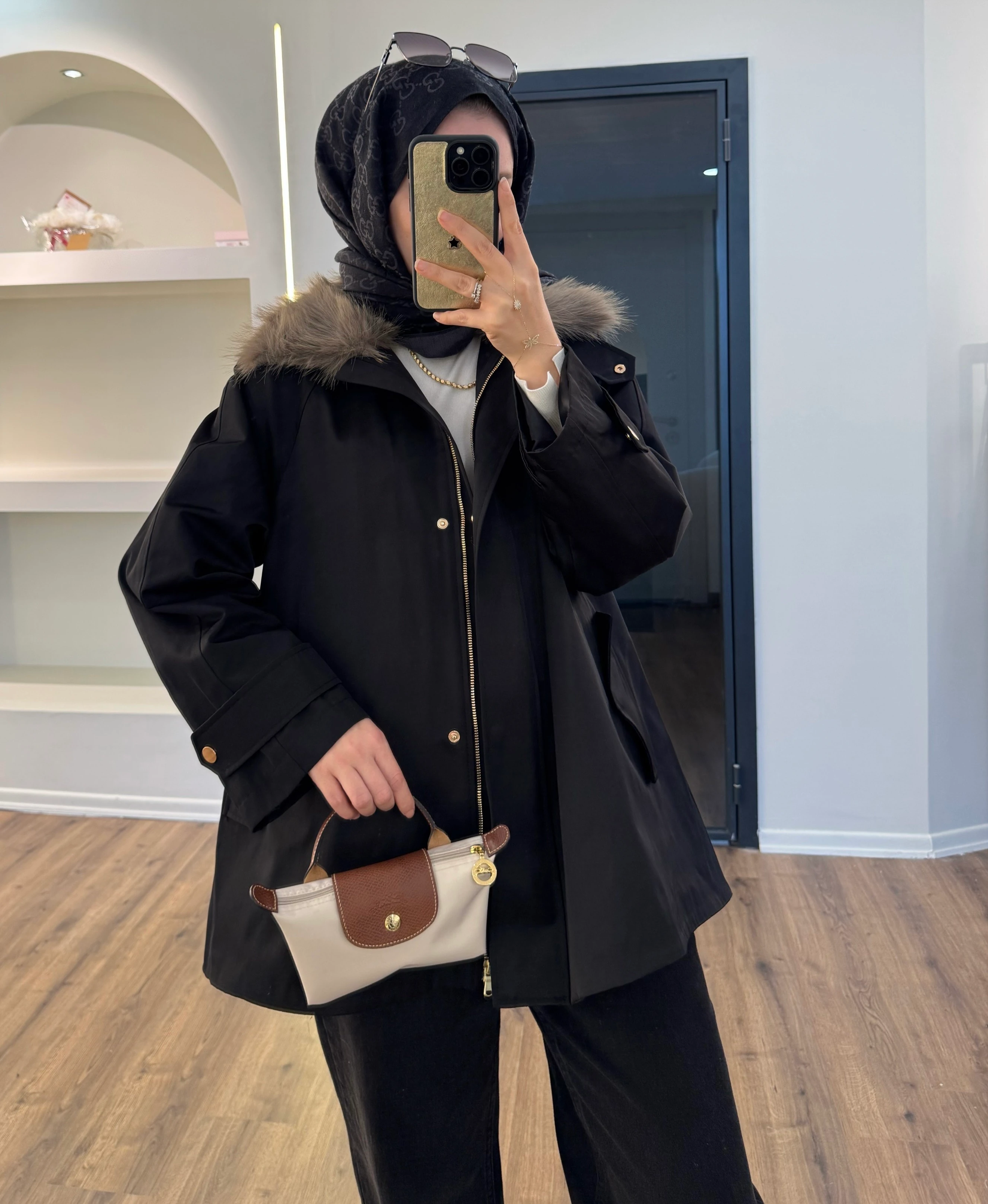 Kürklü parka - siyah 