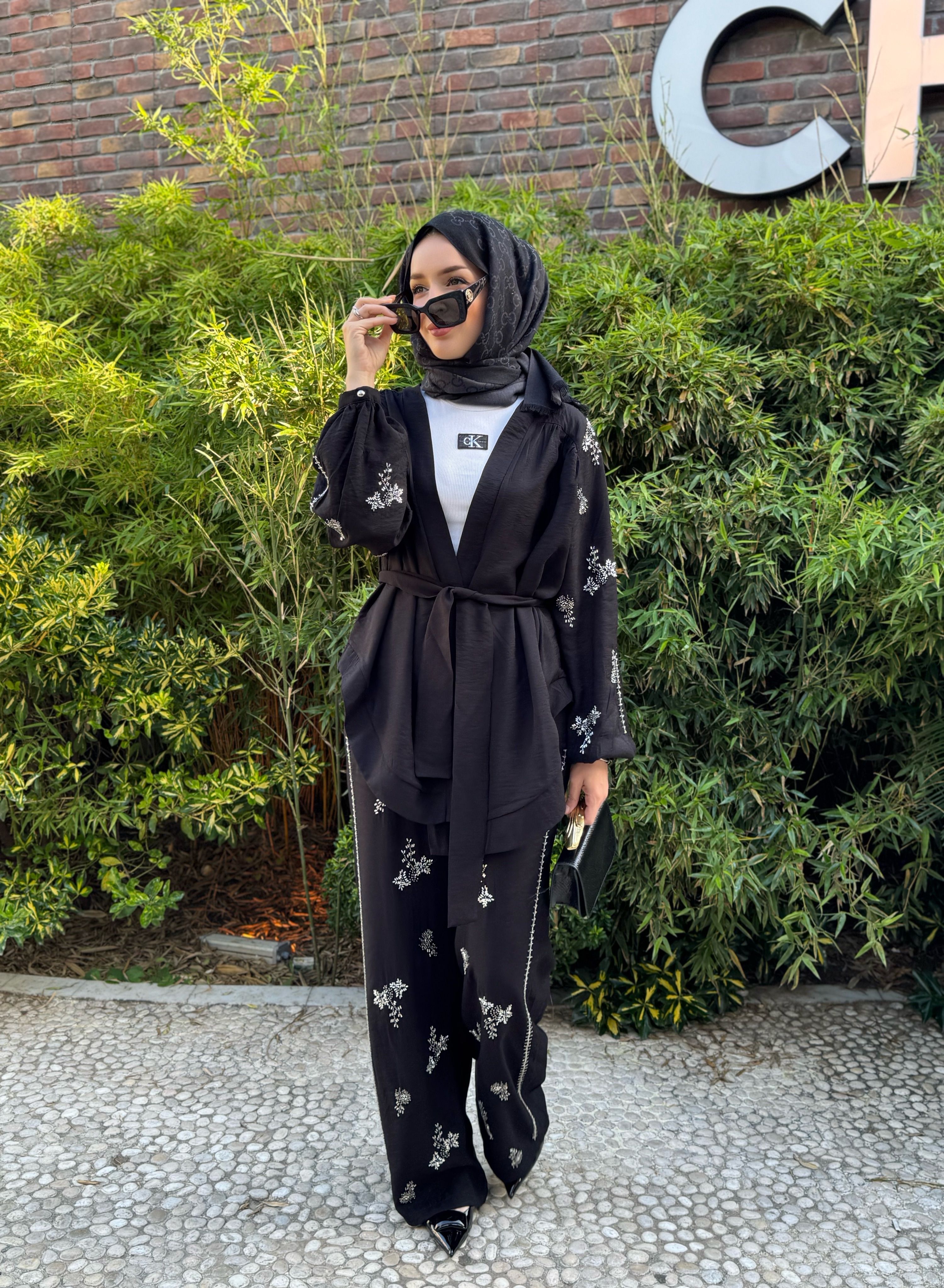 İşlemeli Kimono Takım - Siyah
