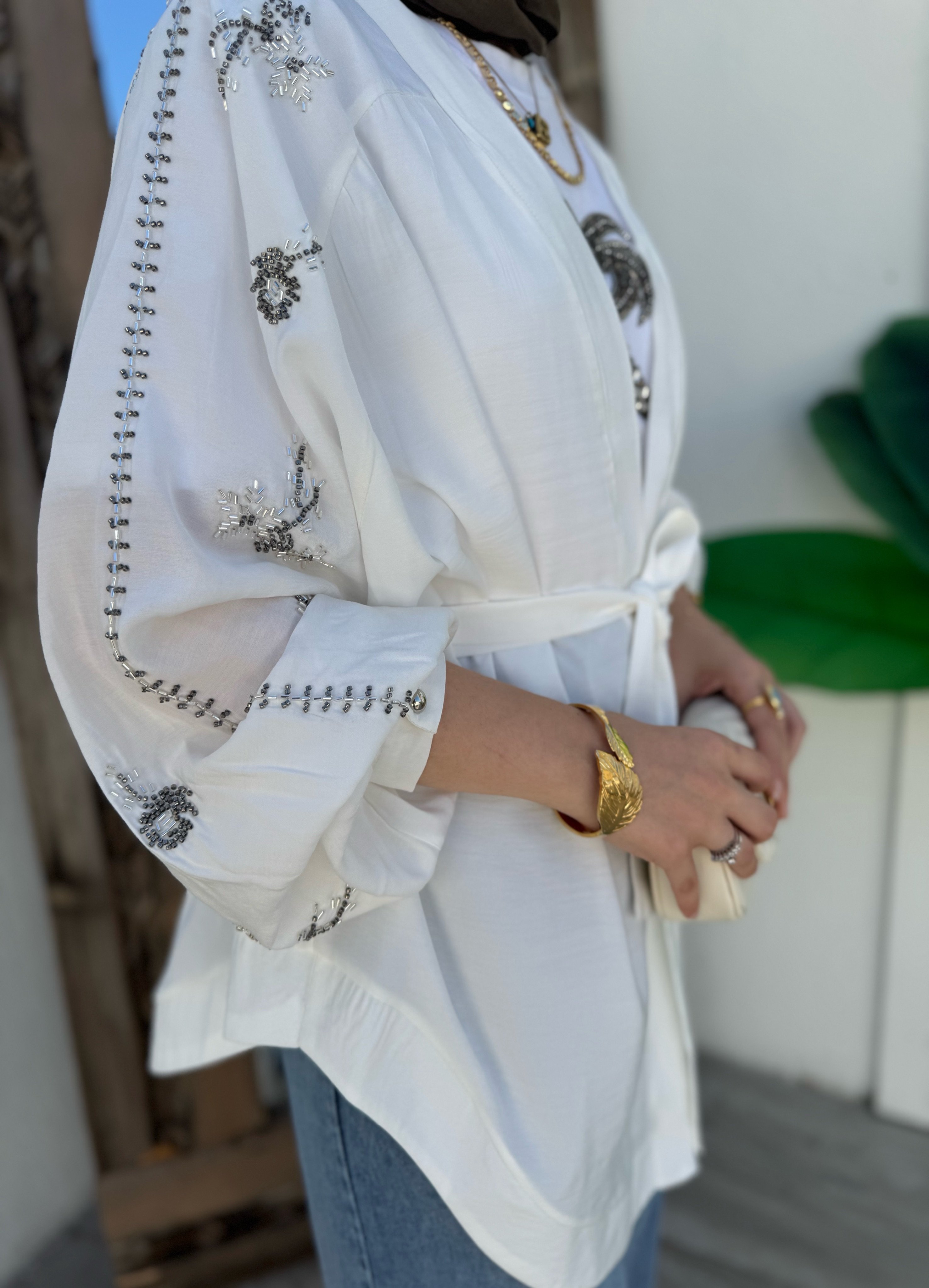 Nakışlı Kimono - beyaz 