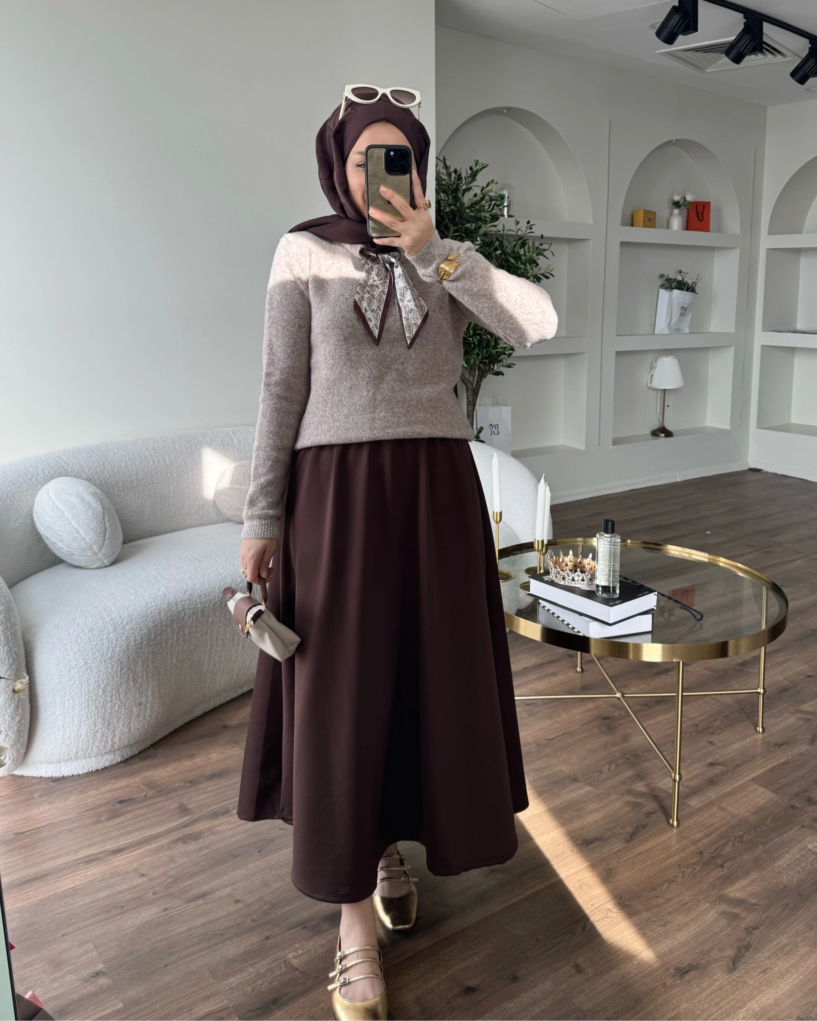 Fularlı triko kazak - kahverengi