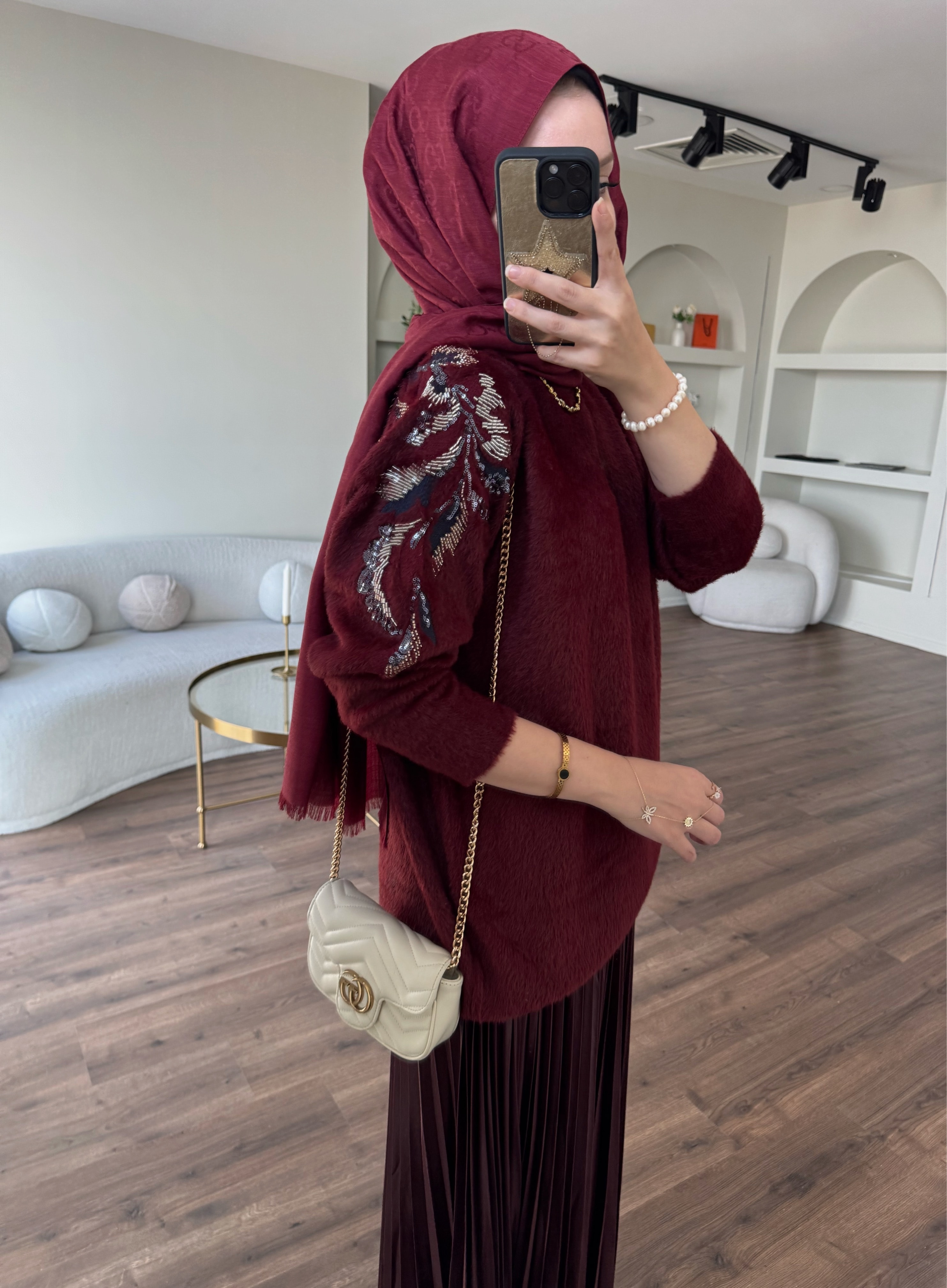 İşlemeli angora kazak - bordo 
