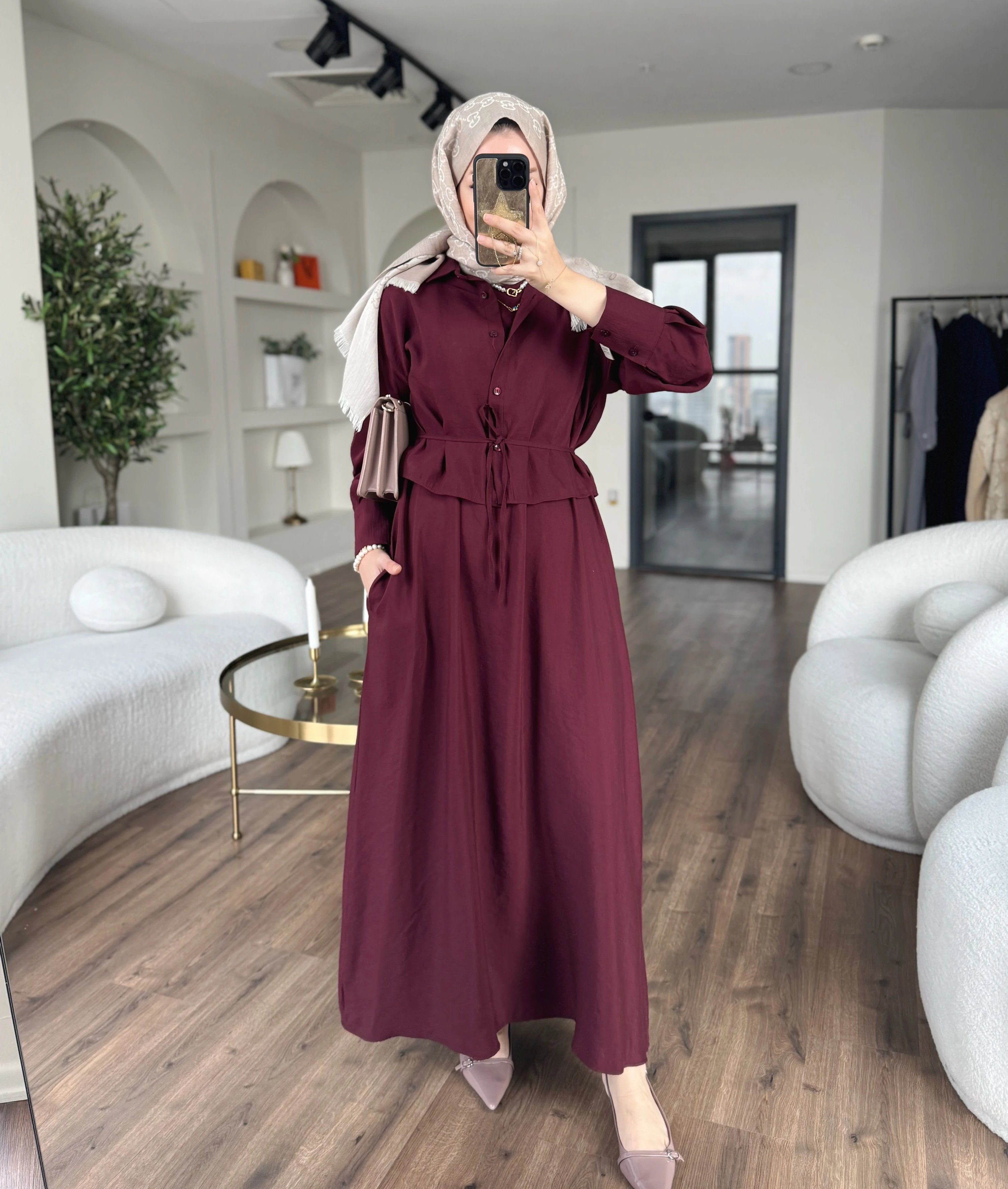 Laren gömlekli elbise - bordo