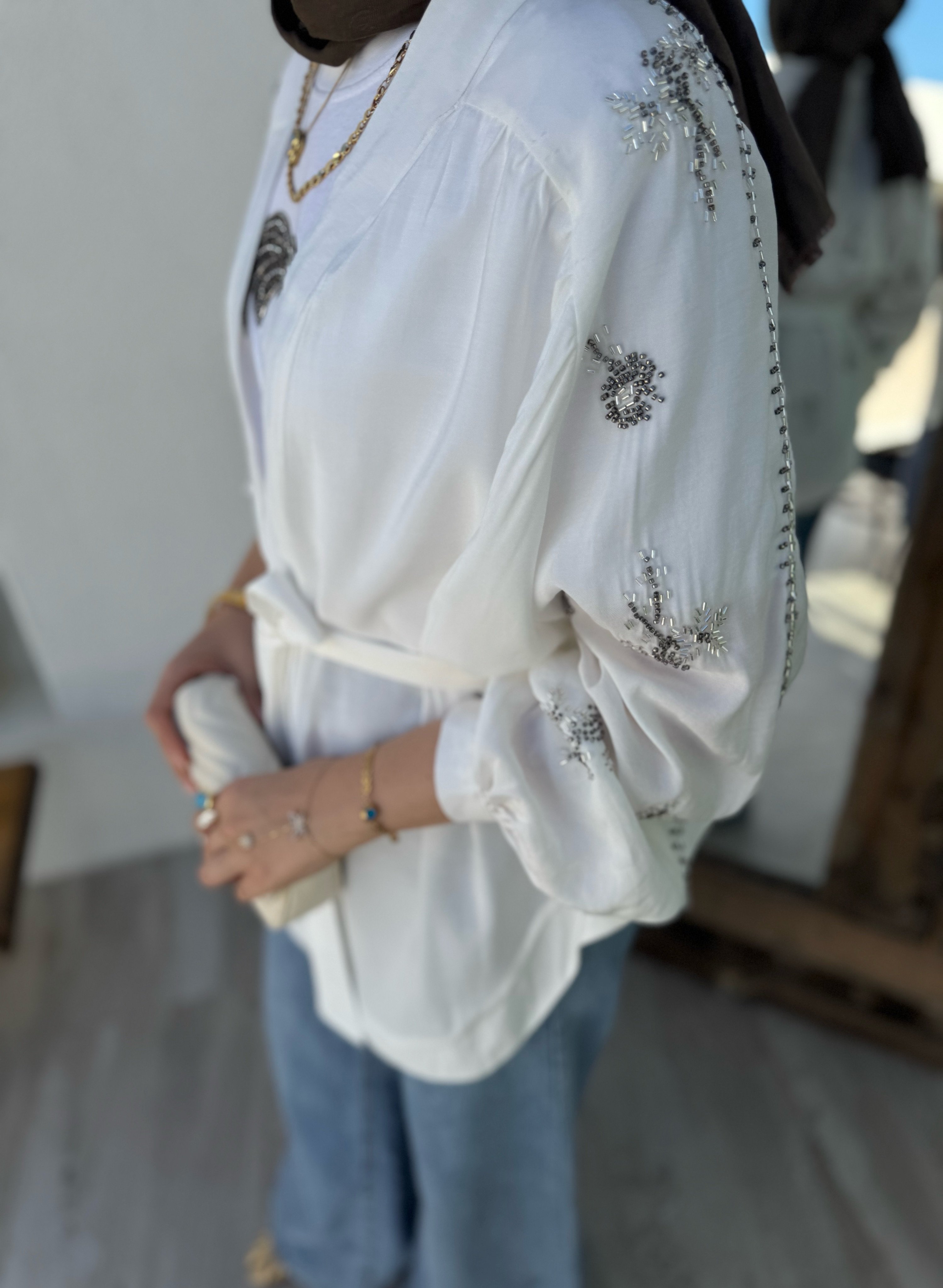 Nakışlı Kimono - beyaz 
