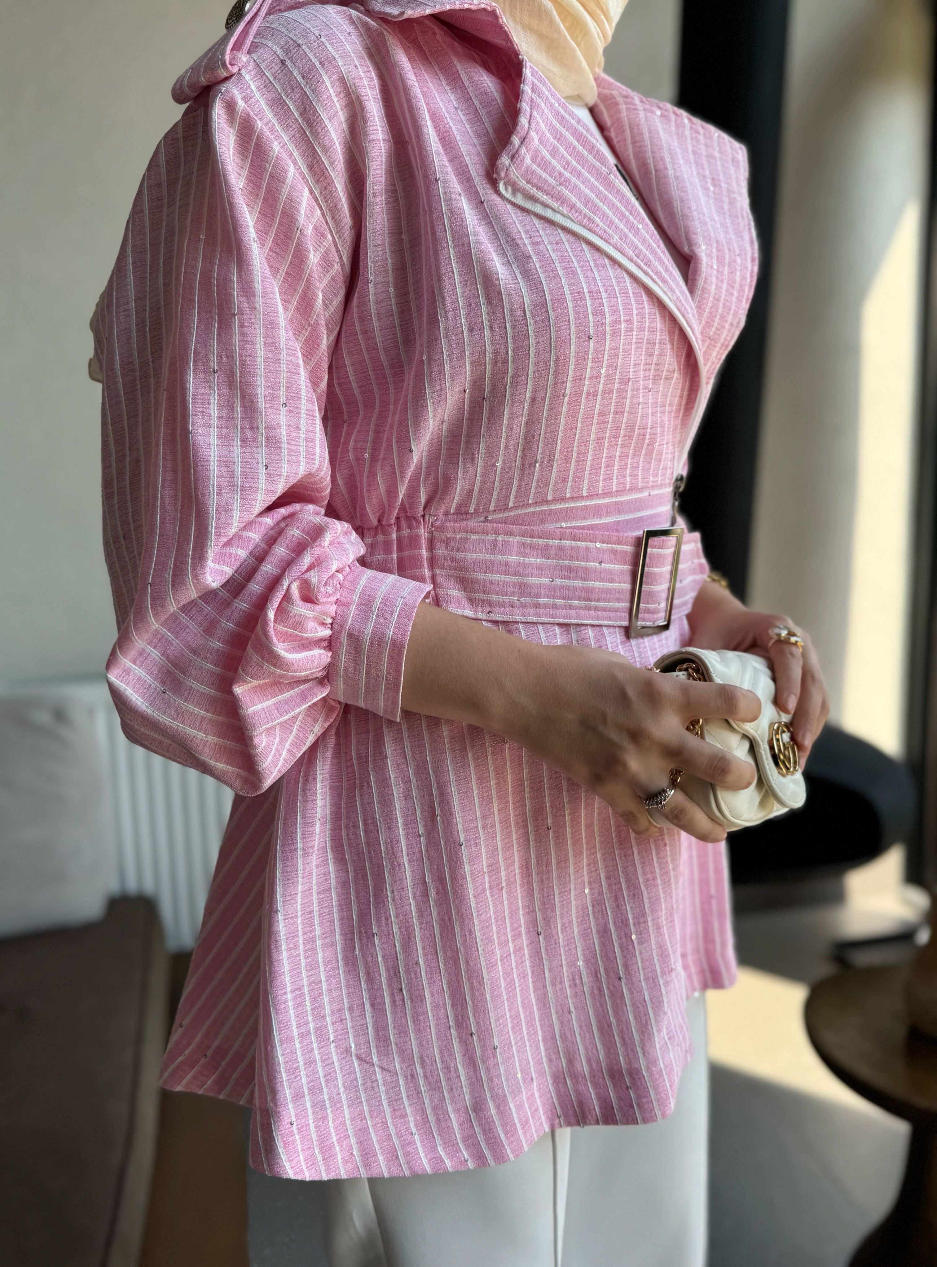 Keten pullu ceket - pembe