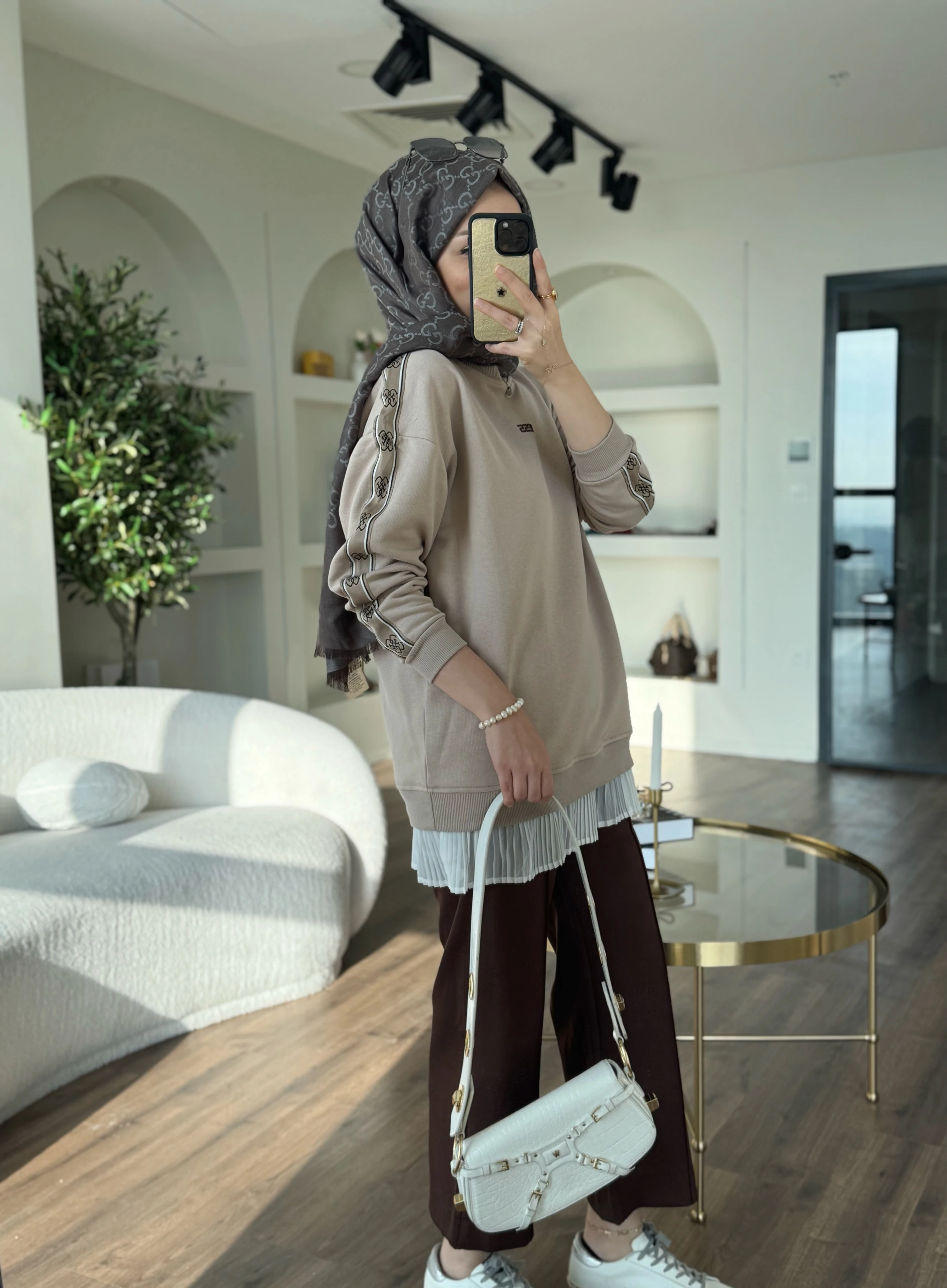 Kolları şeritli sweat - taş