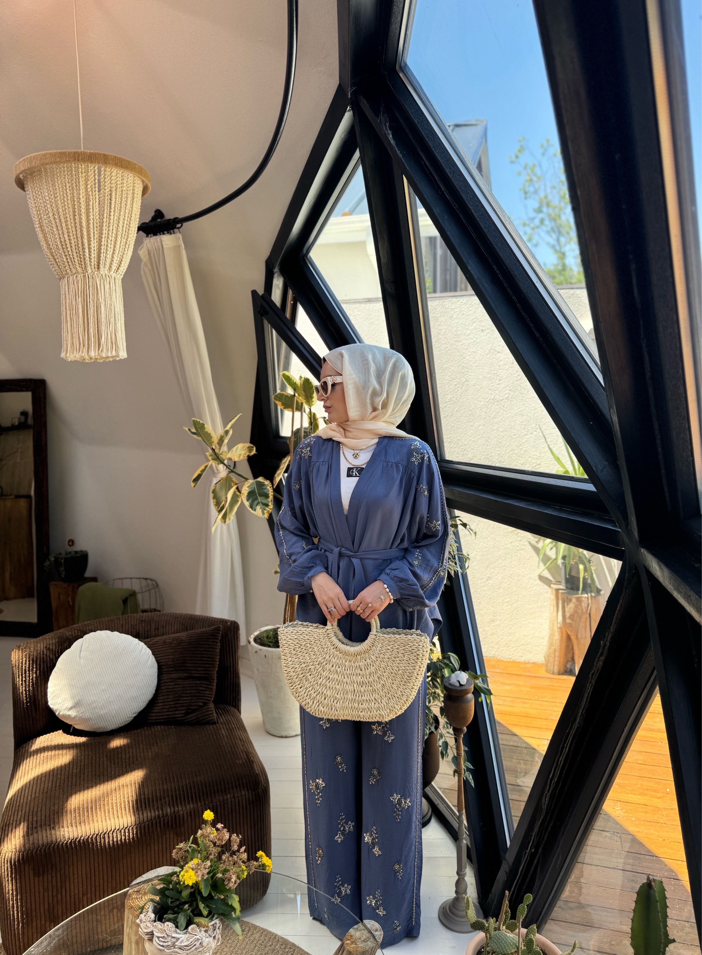 İşlemeli Kimono Takım - İndigo