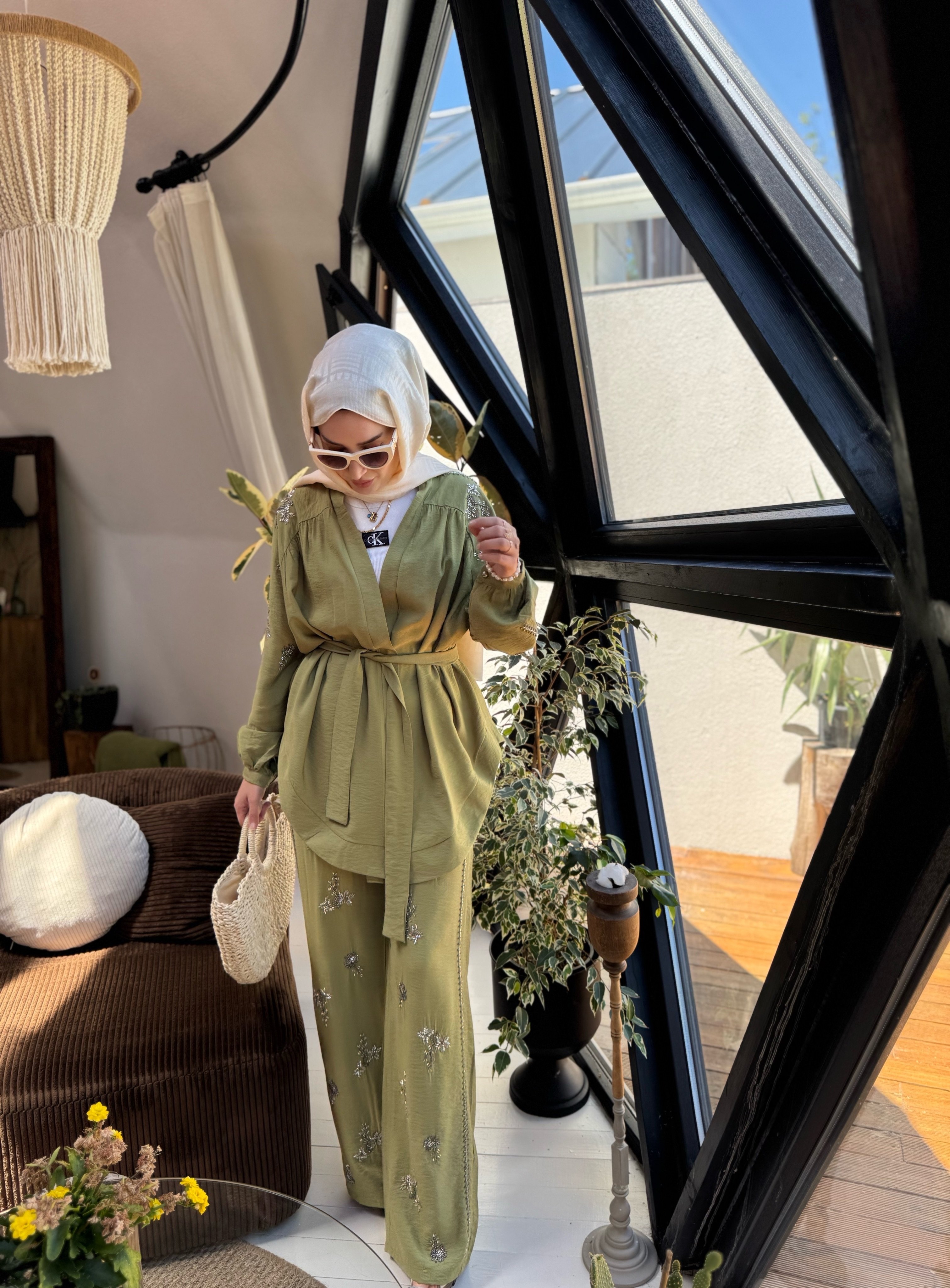 İşlemeli Kimono Takım - Yağ yeşili 
