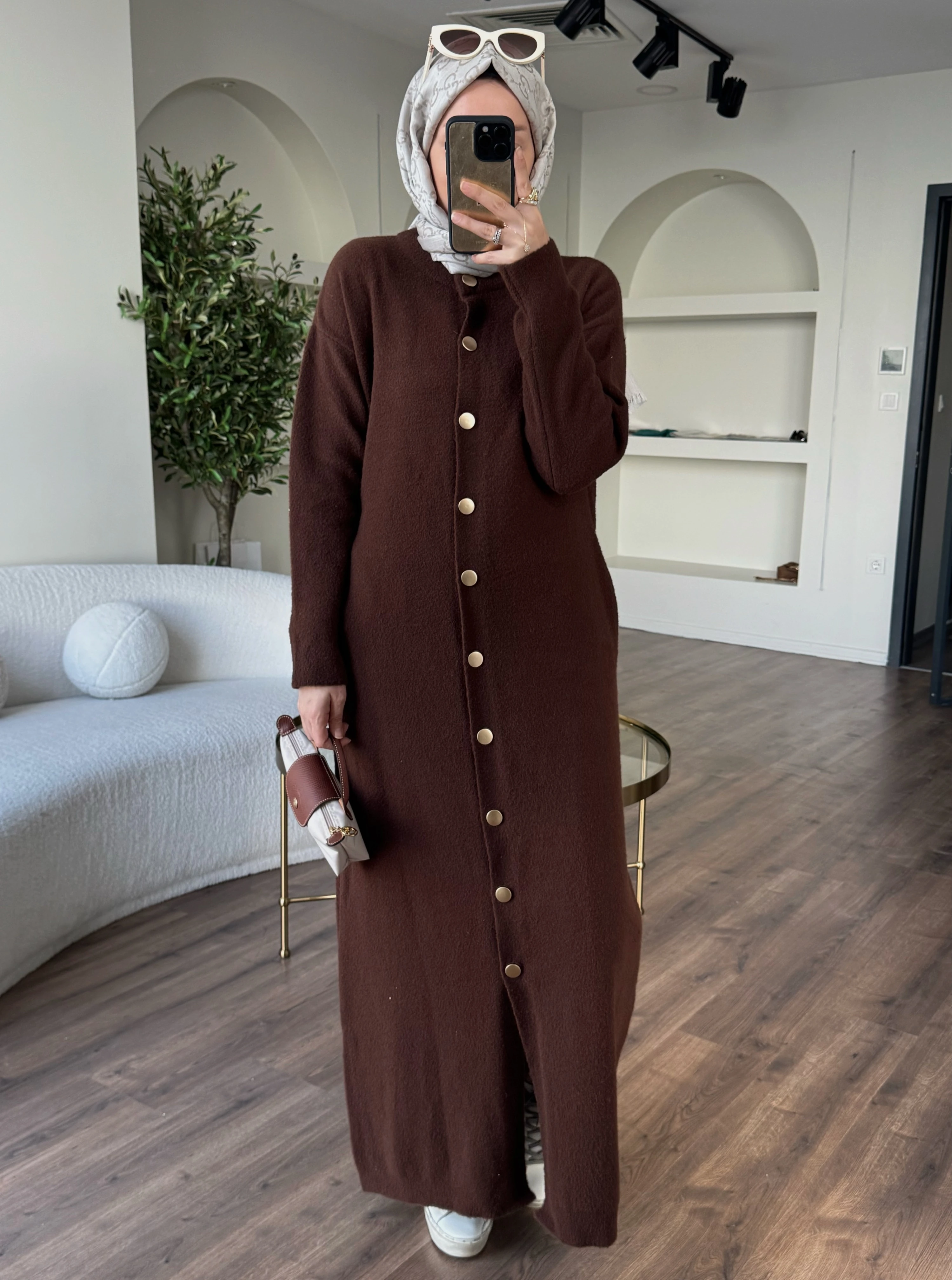 Tam boy angora hırka - kahverengi